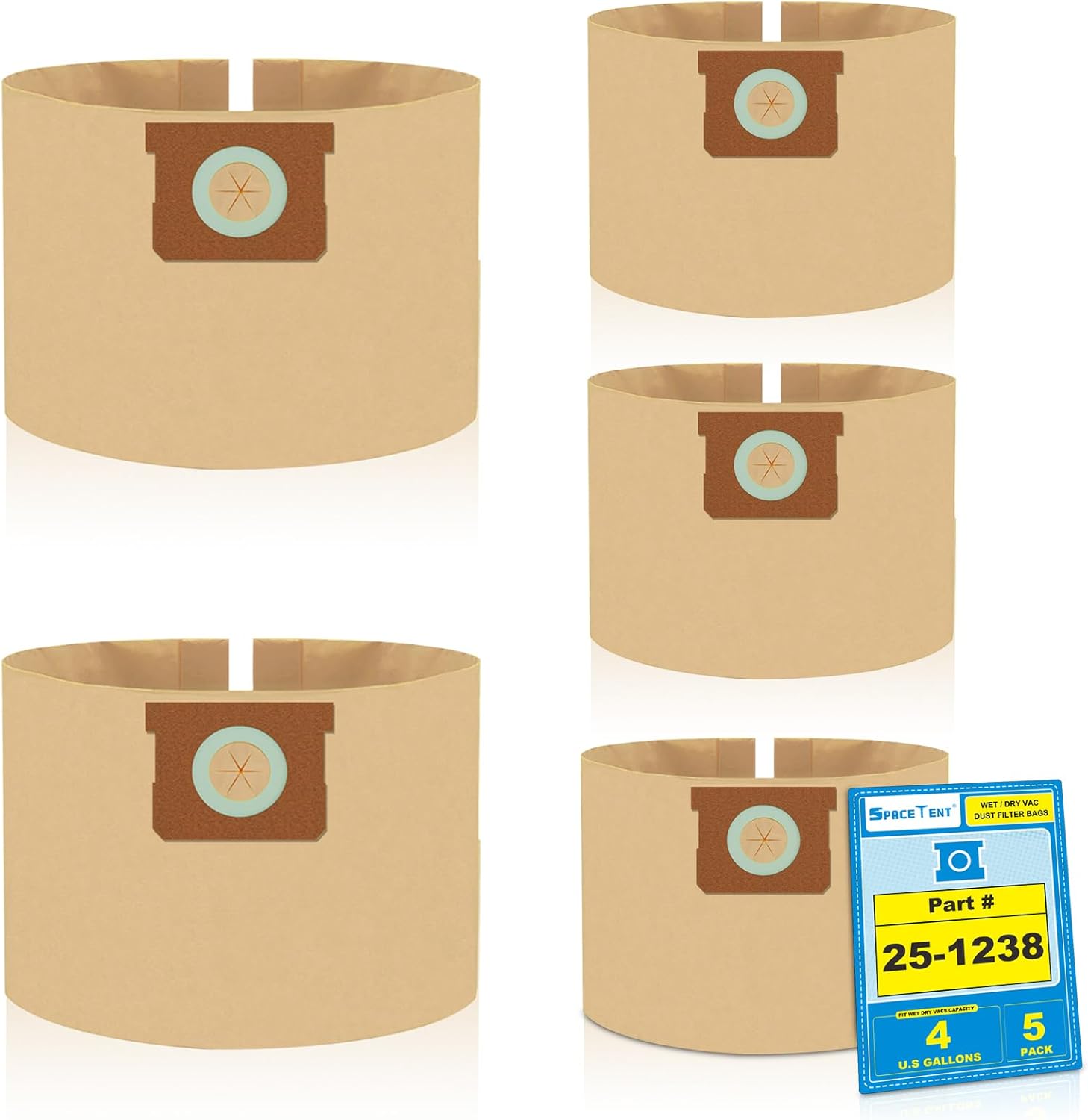 SpaceTent 5 Pack Replacement Shop Vac Filter Bags 25-1238 for Stanley and Porter-Cable 4 Gallon Wet Dry Vacuums PCX18301-4B SL18301-3B, Part# AT25-1238