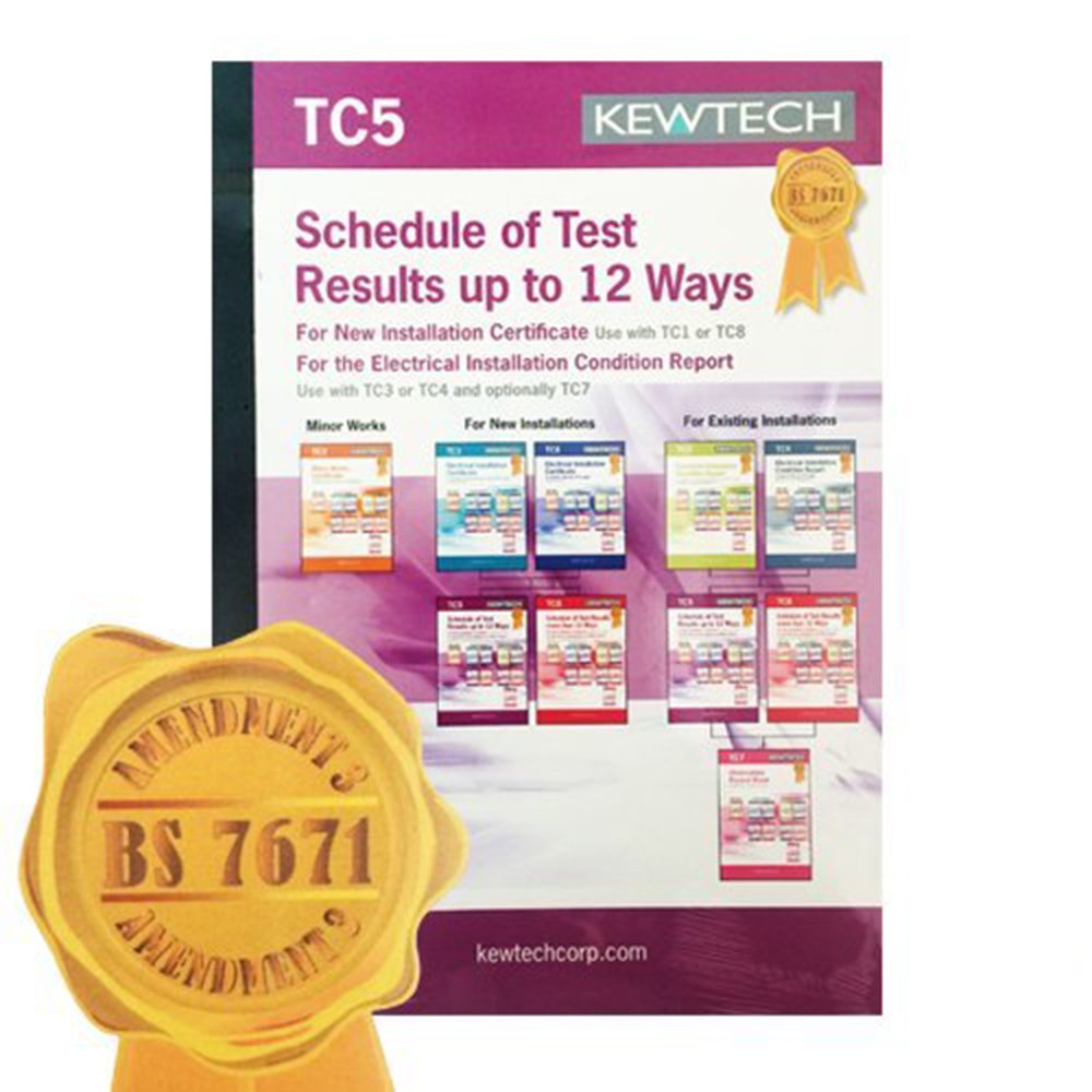 Kewtech Tc5 - Amendment 3 Compliant Schedule Of Test Result Up To 12 Ways Book, Contains 40 Certificates (1 Page Per Certificate), With Copies For Customer & Contractor Use, For New Installations Use With Tc1 Or Tc8, For Existing Installations Use With Tc3 And Tc4 And Optional Tc7