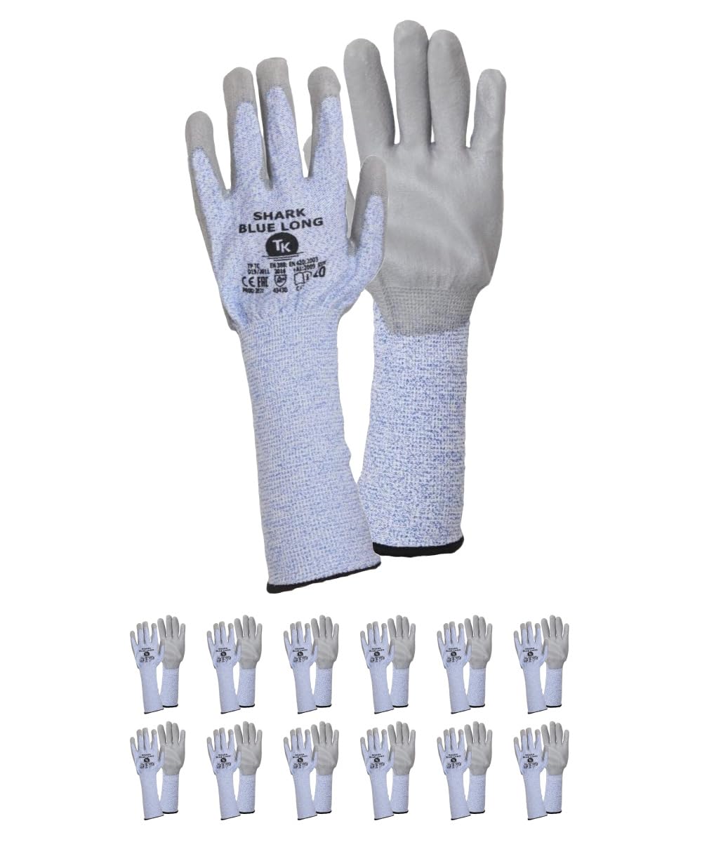 SHARK BLUE LONG/Montage-Handschuhe Schnittschutz mit verlängerter Stulpe/Größe 10, 12 Paar/Montagehandschuhe/Schnittfeste Handschuhe Arbeitshandschuhe