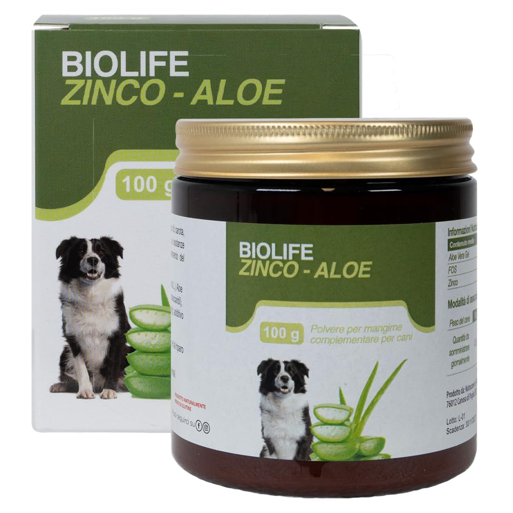 BIOLIFE Integratore per cani in polvere di succo di carota, Aloe vera e Zinco 100g | Mangime Complementare, integratore cani sistema immunitario, benessere naturale.