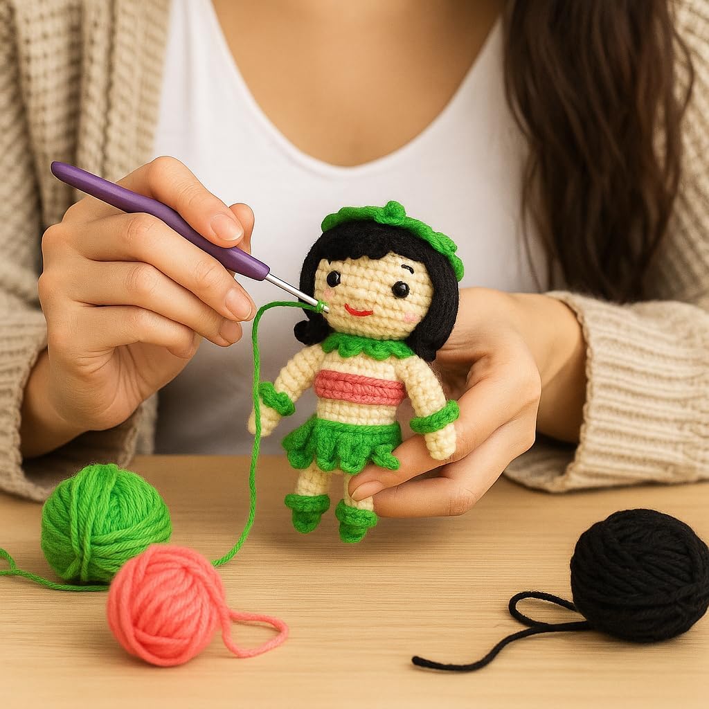 Sutra Handmade Crochet Hula Girl Doll – Amigurumi Soft Toy with Green Skirt & Flower Accessories, Cute Collectible Gift for Kids & Home Decor
