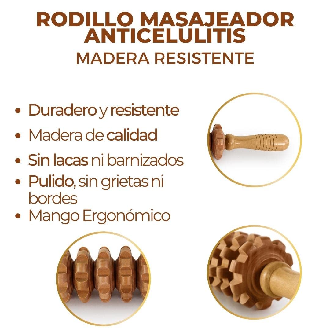 Masajeador Rodillo Anticelulítico | Masaje del cuerpo | Maderoterapia | Masajeador Madera 38 cm | Maderoterapia Estética España