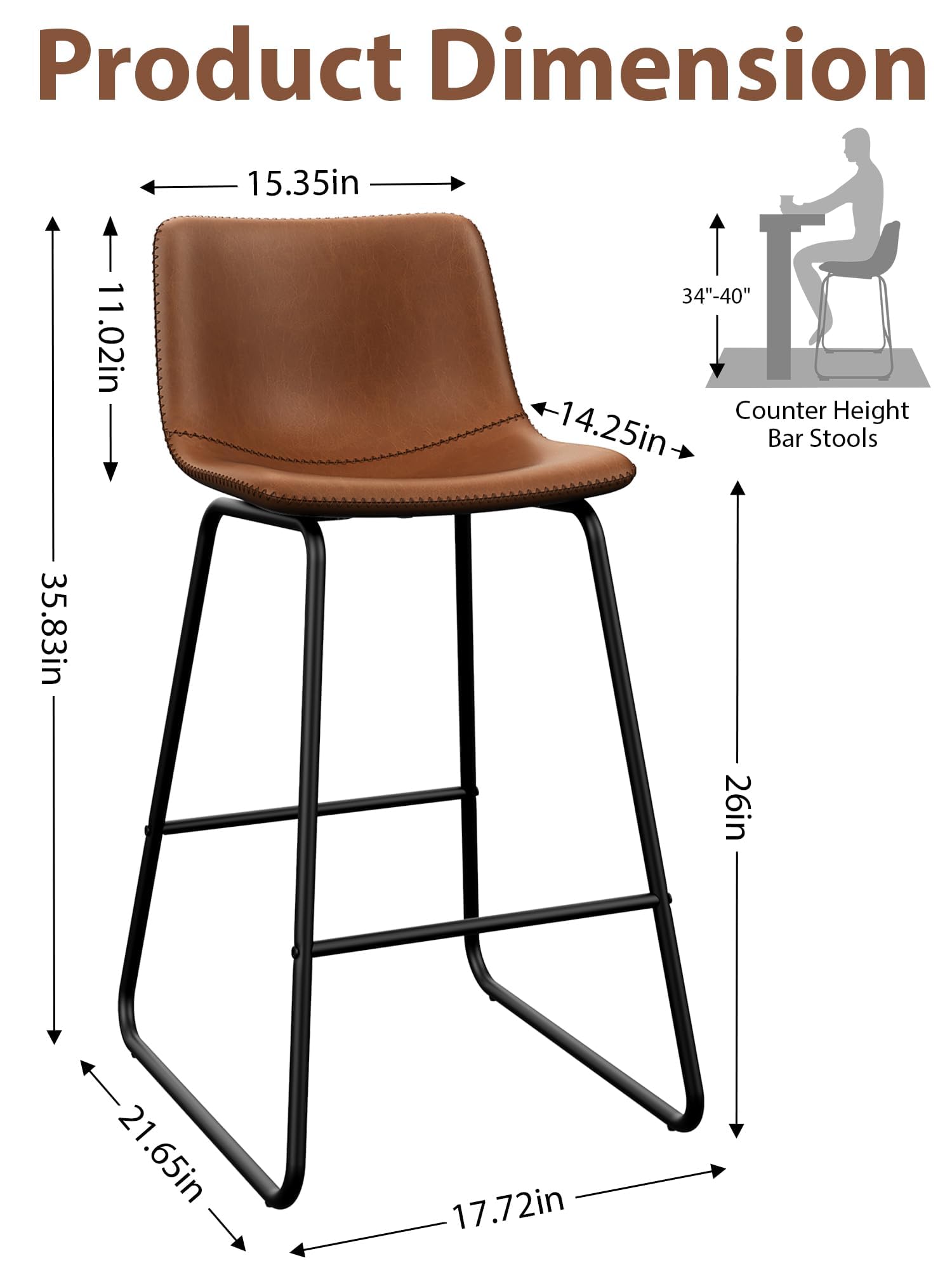 Condition photo showing New/Like New for bar stools set of 3, 26 inches counter height bar stools with back, modern faux leather barstools with metal legs and footrest, bar chairs for kitchens island (dark brown)