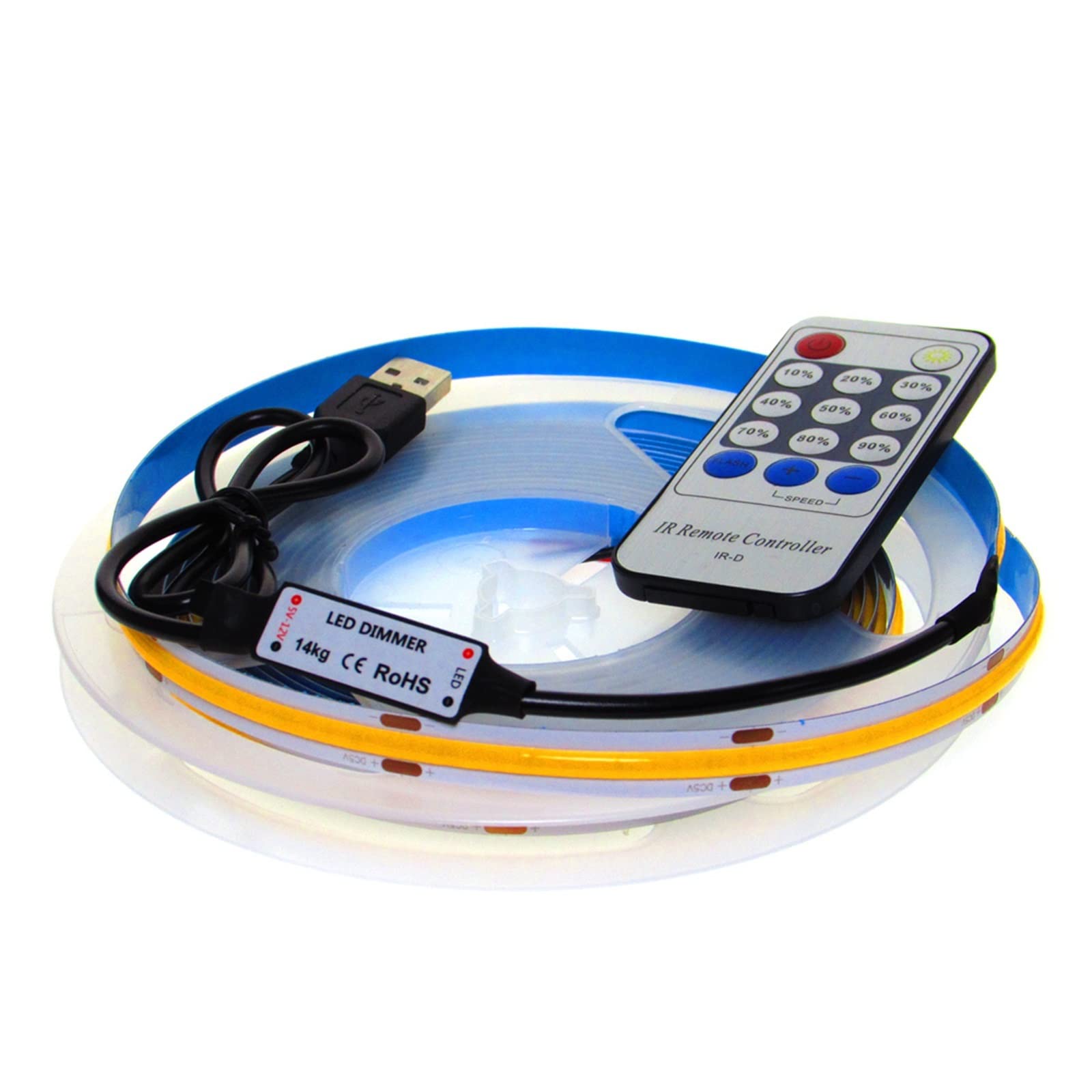 Tira LED USB de 320 leds/m COB blanco frío 6000K con regulador y cinta flexible