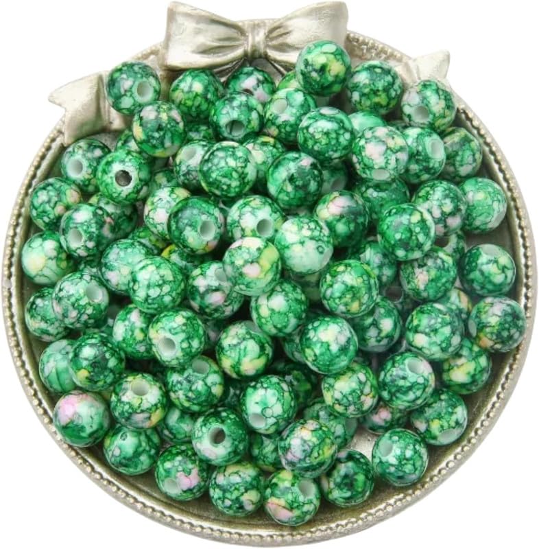 100pcs Acrylic Round Beads Green 10MM Large Patterned Beads for Bracelet Making Adults,with 3MM Hole