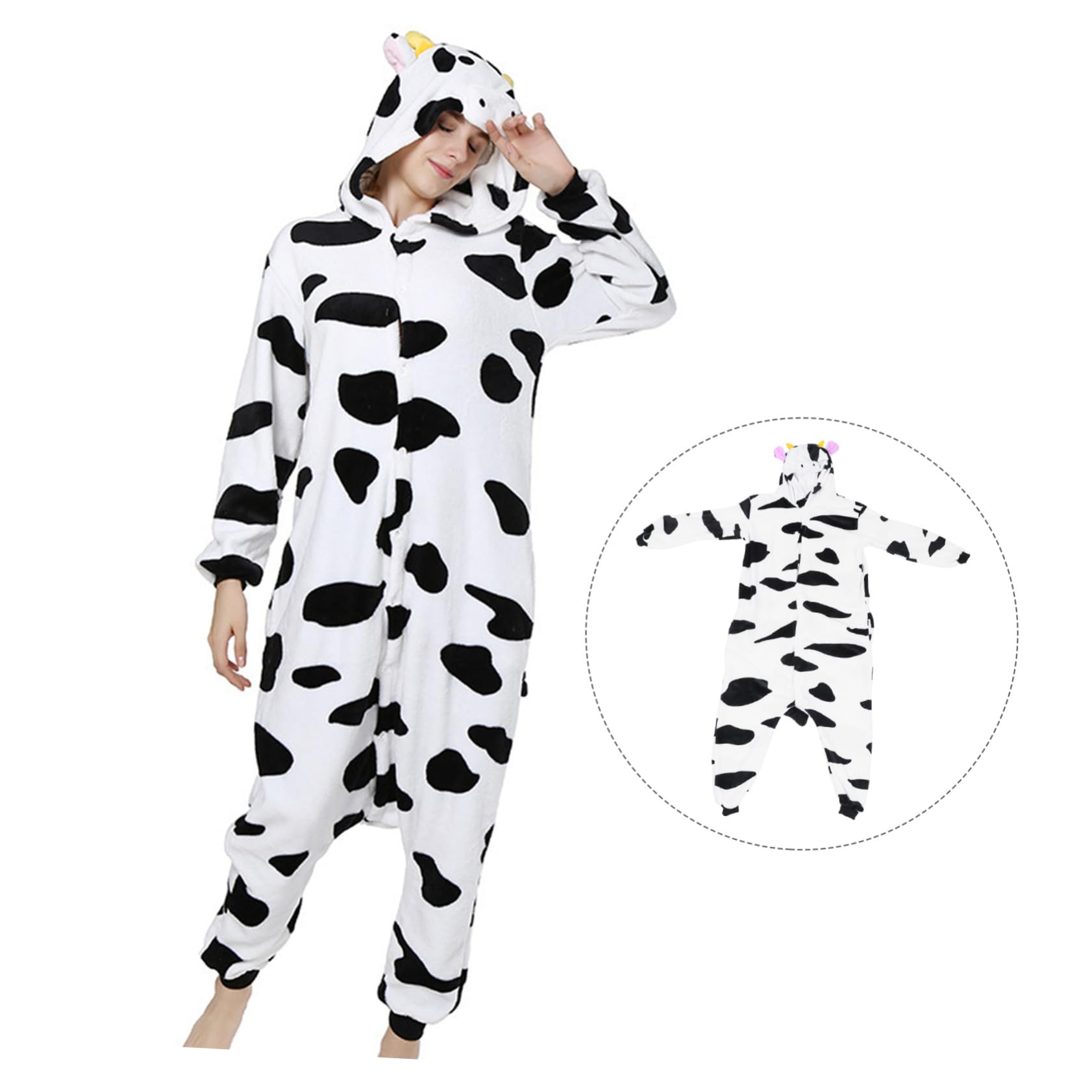 Mikikit Pigiama Flanella Unisex Motivo Mucca Cartoni Animati, Tuta Calda Autunno Inverno per Cosplay e Relax Domestico