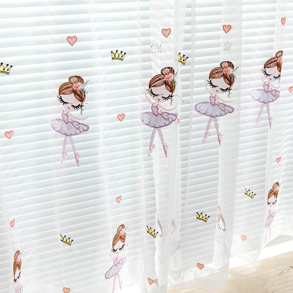 Kinderzimmer Gardinen Transparent Rosa Ballerina Mädchen Krone Herzen mit Ösen Voile Vorhang Durchsichtig Kinder Baby Ösenschal Fenstervorhang 2er Pack 140x175