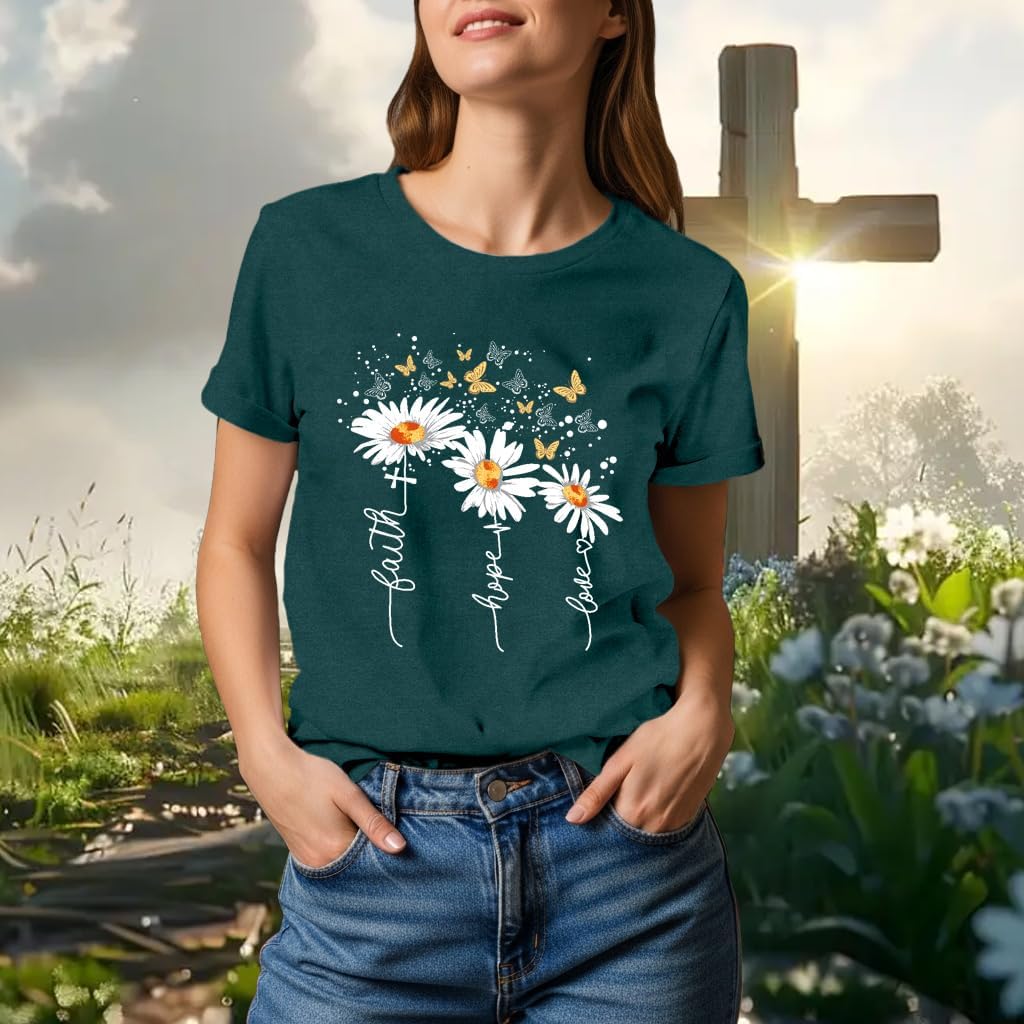 Christian Shirts for Women Daisy Floral T-Shirt Faith Hope Love Tee Butterfly Tops - Image 2