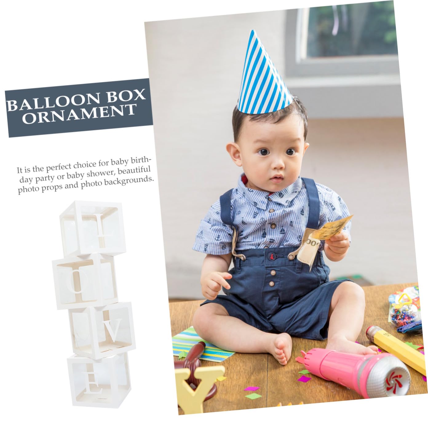 Transparente Ballonboxen mit Buchstaben Weiß Papier 1 Satz | Sichtfenster für Foto Props, Einfache Montage und Demontage, für Tisch oder Theke