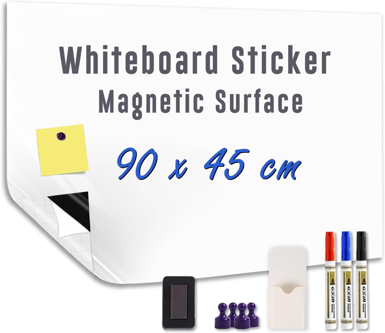 Magnetic White Board Sticker - Adhesive Backing 90x45cm Dry Erase Board for Wall Whiteboard Contact Paper for Office Home Door Include Marker Magnet Eraser