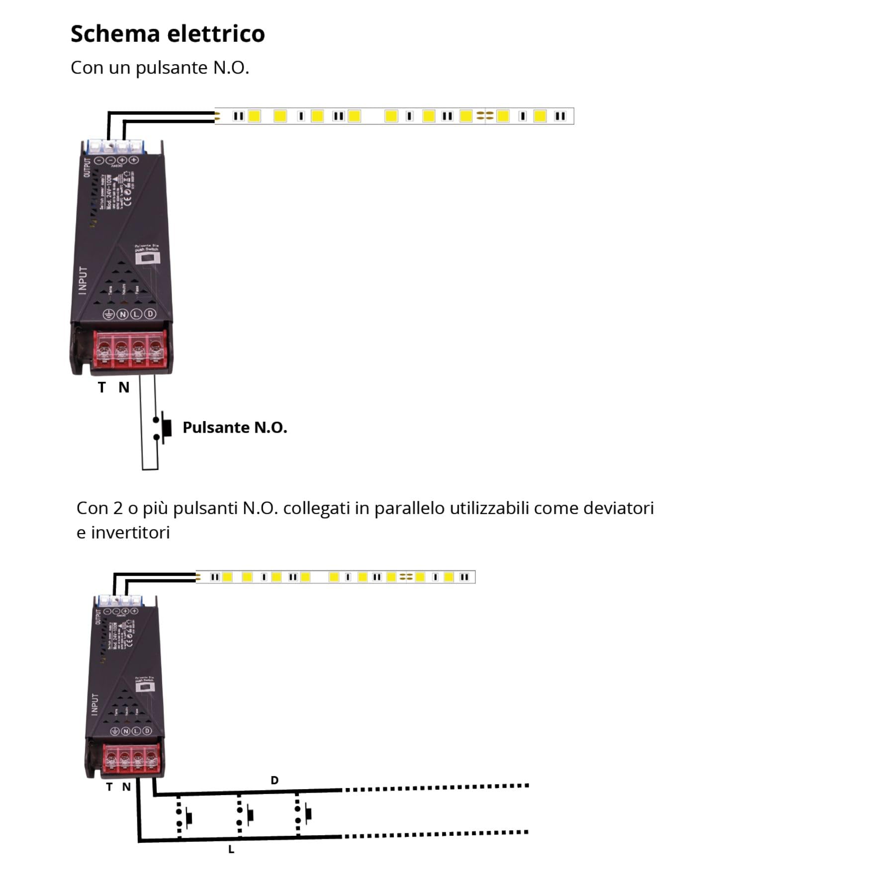 Alimentation LED 24V 100W, Transformateur Dimmable avec Bouton Poussoir NO (10-100%), Mémoire et Arrêt Progressif, 2 Sorties pour Ruban LED, Variateur Push Intégré