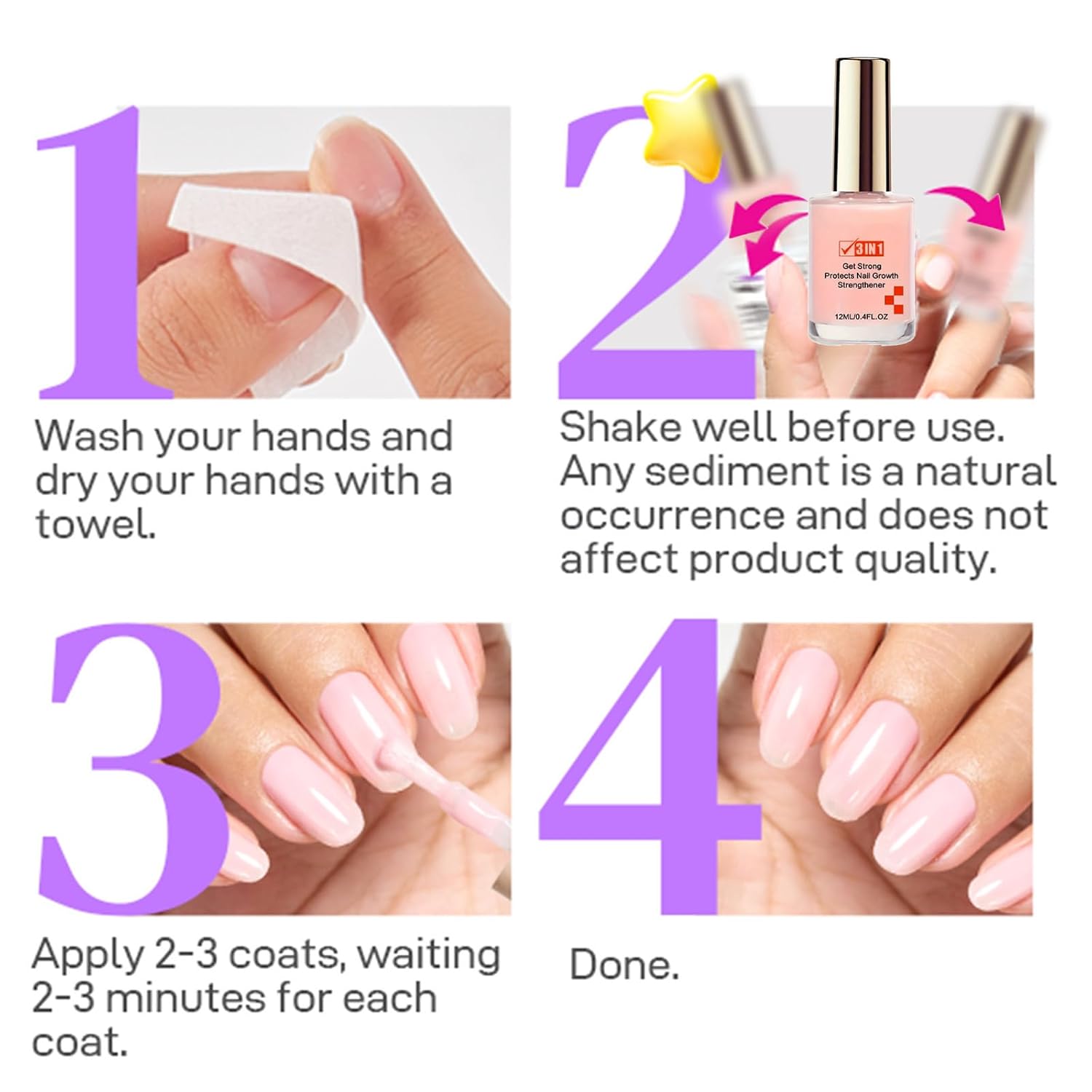 Nail Strengthener for Women - 3-in-1 Pink Nail Hardener Strong and Growth, 12ml Gel Nail Polish Hardener for Weak and Damaged Nails (Pink+Green)