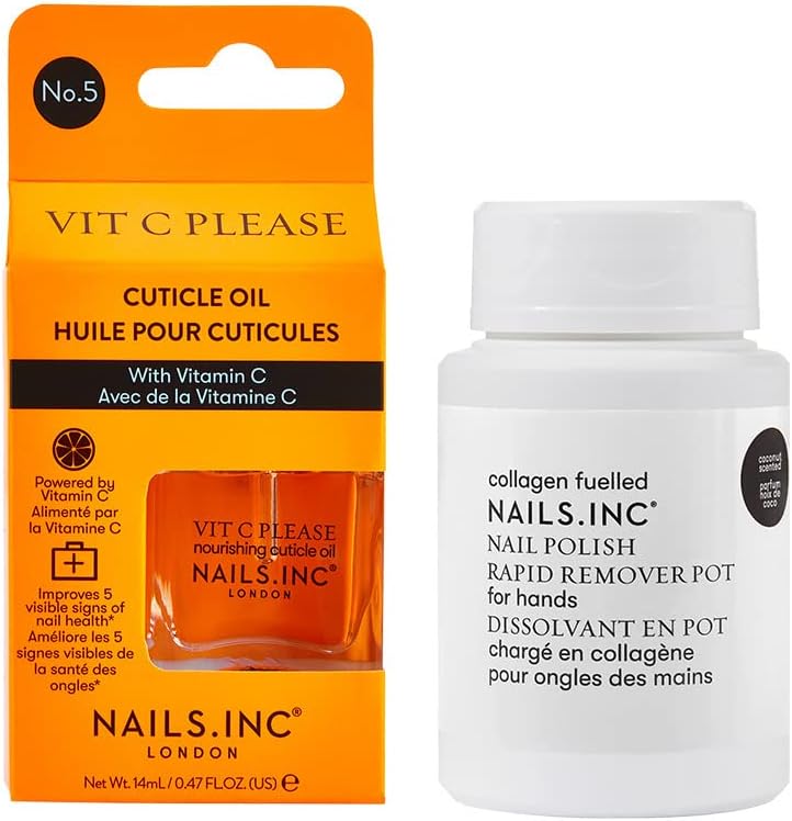 Nails.INC Nourish My Nails 2-Piece Nail Treatment Set – Vitamin C Cuticle Oil & Collagen Nail Polish Remover Pot, Hydrating & Strengthening Nail Care Duo, Vegan & Cruelty-Free Manicure Essentials