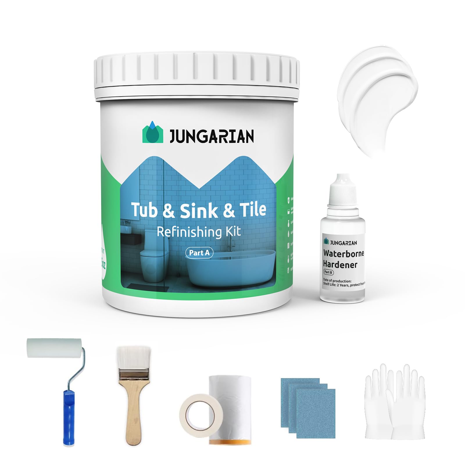 Tub and Tile Refinishing Kit 17.5oz with Tools, Low Odor DIY Bathroom Paint Sink Tub Countertop Tile White Coating Resurface Paint for Bathroom Kitchen Porcelain Fiberglass, Semi-Gloss White