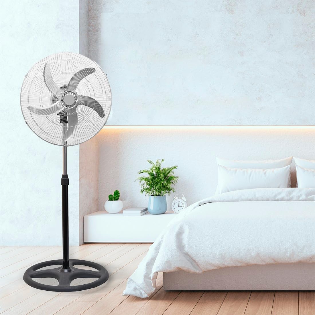 Mediawave Store - Ventilatore a Piantana Potente, Diametro 50cm, Ventilatore a Piantana 3 in 1, Ventilatore da Tavolo, da Parete, Potenza 50W, 3 Velocità, 5 Pale, Cromato
