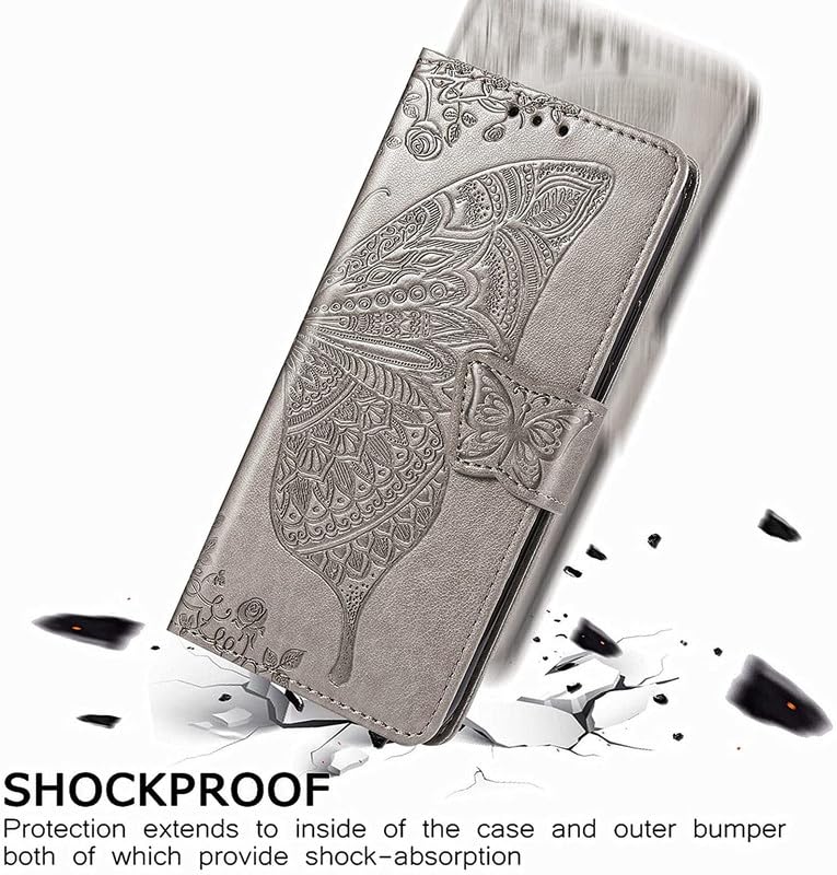 Image of ClickCase Butterfly Series for Redmi Note 15 Pro 5G Leather Embossing Wallet Flip Case Kick Stand Magnetic Closure Flip Cover for Redmi Note 15 Pro 5G (Grey)