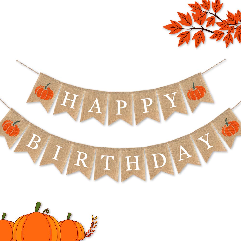 SWHATYW Jute Burlap Happy Birthday Banner with Pumpkin Birthday Party Bunting Garland Supplies