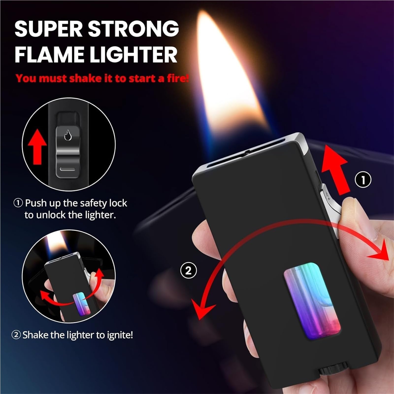Allume-feu extra large, gaz butane, secouer pour allumer, verrouillage de sécurité, fenêtre de visualisation, facile à transporter, idéal pour les cadeaux, hommes et femmes, idéal pour le camping et