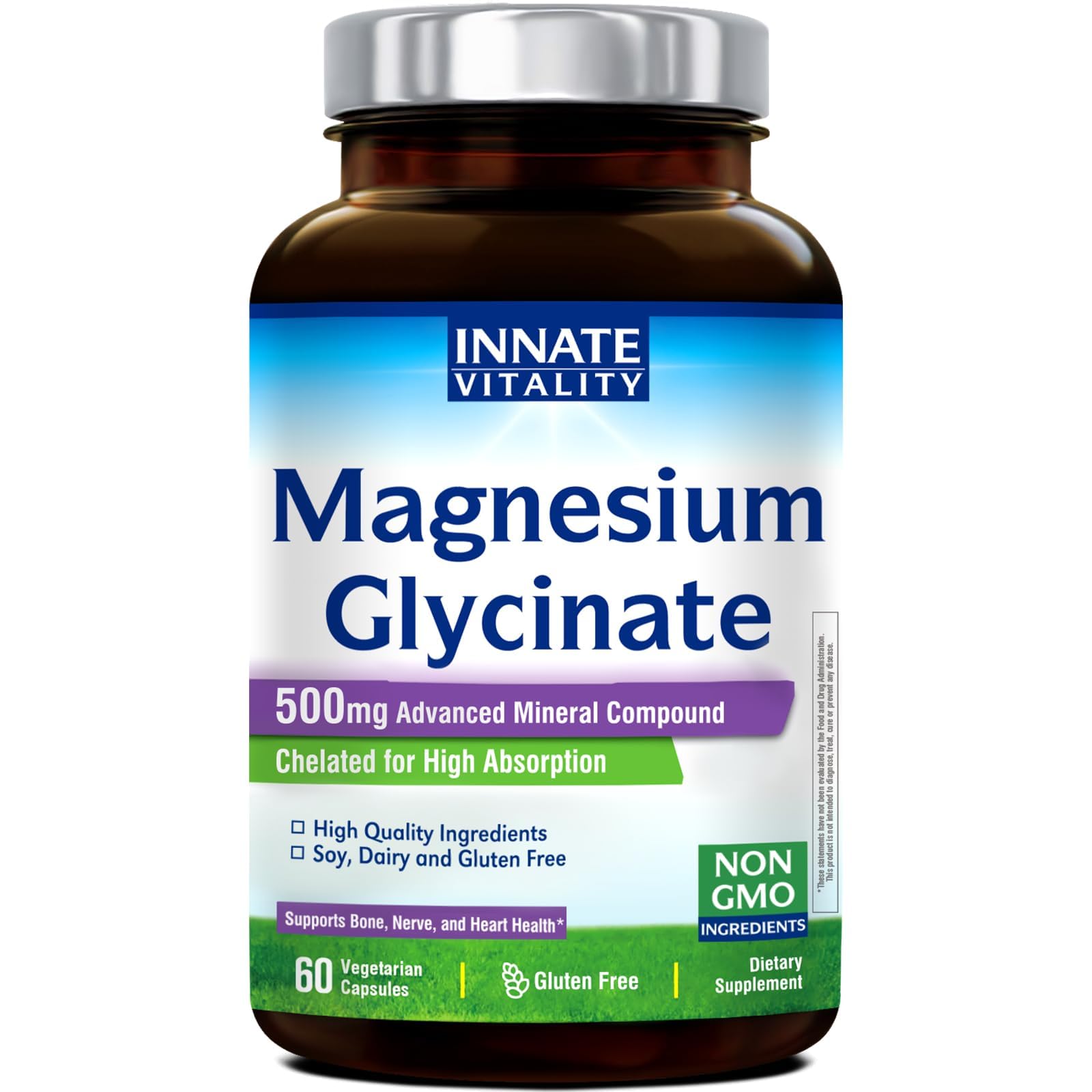 Innate Vitality Magnesium Glycinate 500mg | 70mg Elemental Magnesium Supplement - High Absorption, Non Buffered, Non-GMO & No Gluten - Vegan - Nerve Health - 60 Capsules (Pack of 1)
