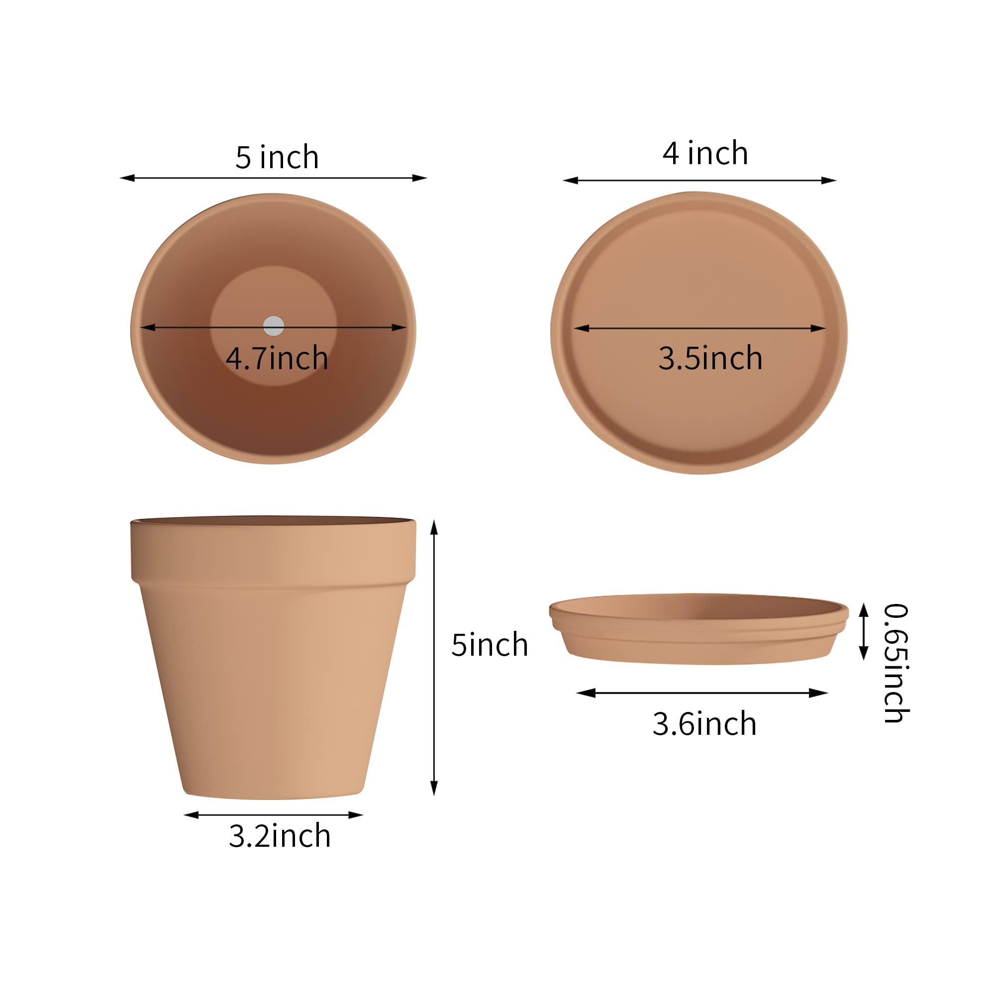 Fcacti Terra Cotta Pots with Saucer - 6 Pack 5 Inch Clay Pot Ceramic Pottery Planter Cactus Flower Pots Succulent Pot Drainage Hole, Great for Plants, Crafts and Wedding Favor
