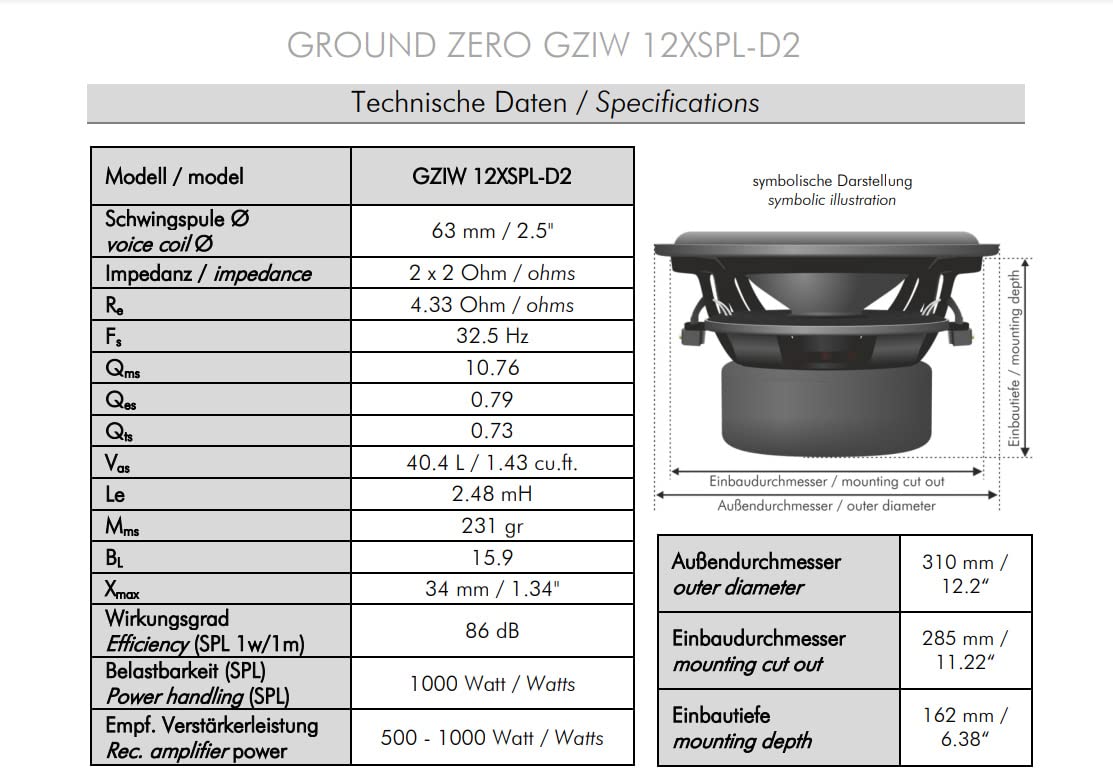 Ground Zero GZIW 12XSPL-D2 | 30 cm SPL Subwoofer