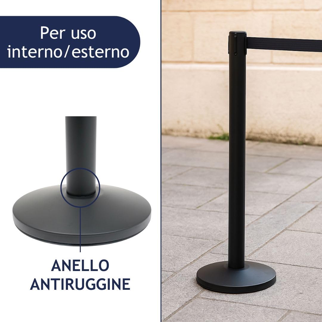 Danieli - Colonnina Segnapercorso con Nastro Estensibile Fino a 5 metri. Nero Opaco, Base Conica (Nero)