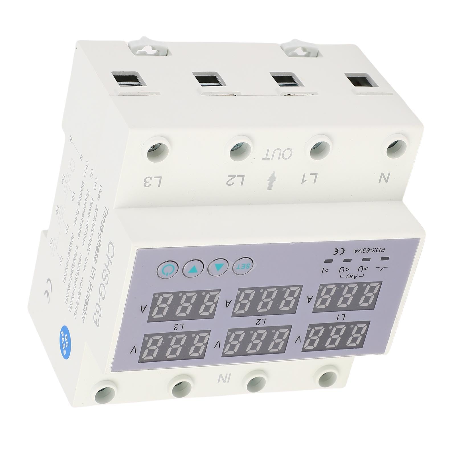 SEAFRONT Voltmetre Rail DIN AC 230‑300V Voltmeter, Amperometro Trifase, Protezione Sovracorrente Sovratensione Automatica Contatore di Energia Misuratore Consumo Elettrico Trifase (63A)