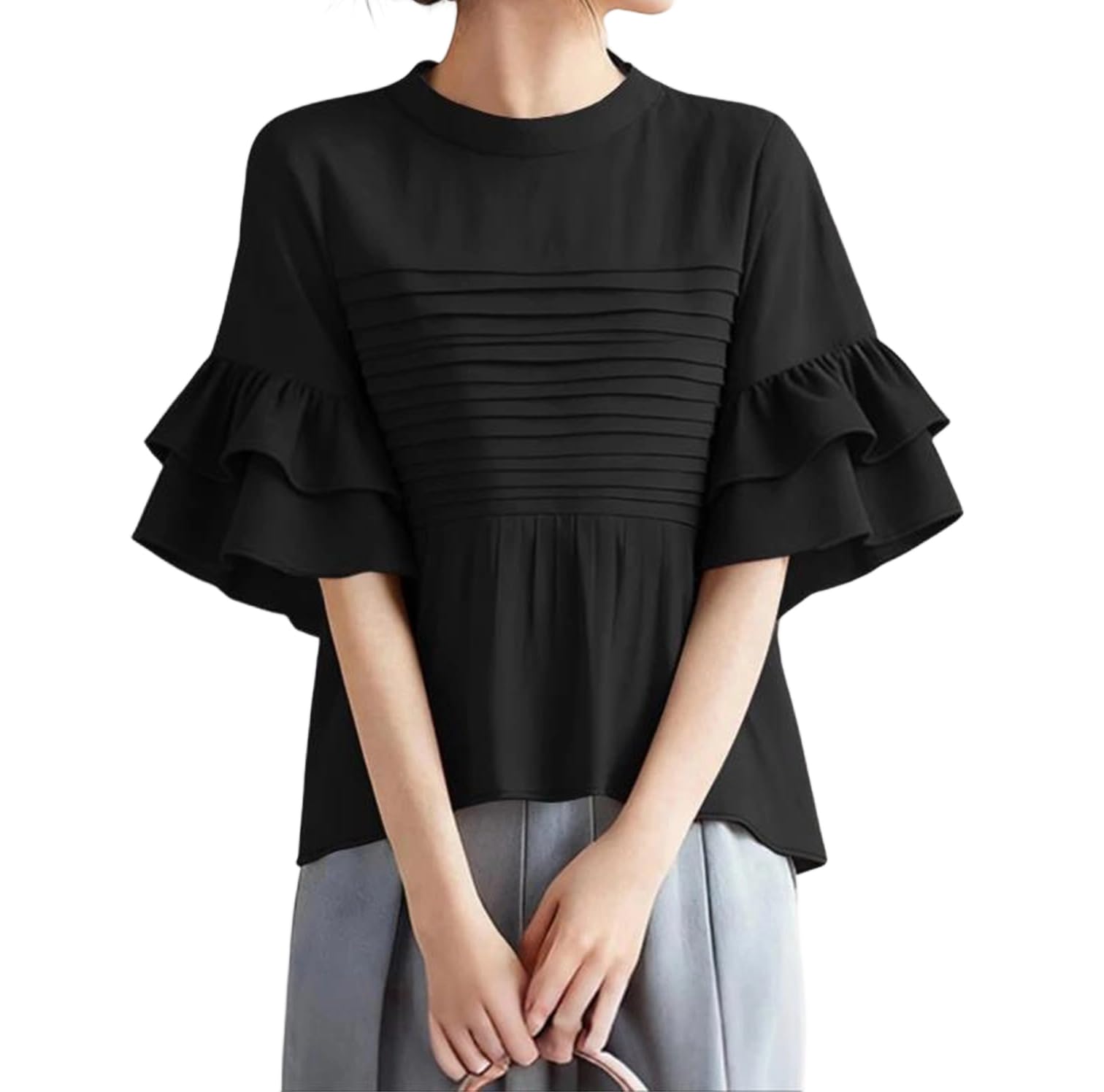 Camicette estive da donna eleganti da lavoro in ufficio o collo a maniche corte camicia elegante tinta unita plissettata tunica top
