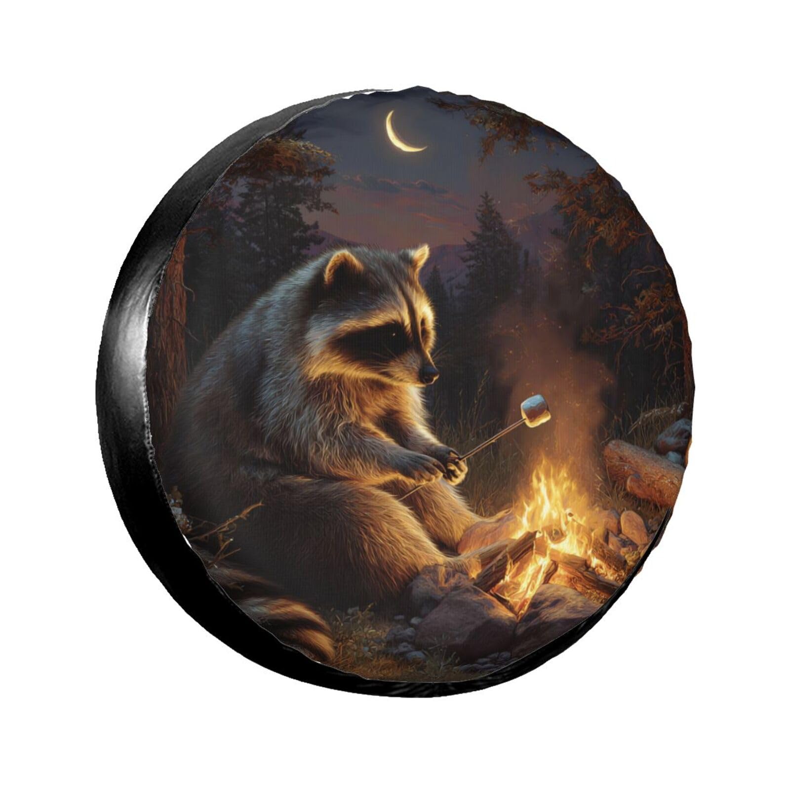 Night Campfire Raccoon Spare Tire Cover for Rv SUV Truck Camper Trailer,Cute Animal Tire Cover Wheel Covers Universal Fit,16 inch