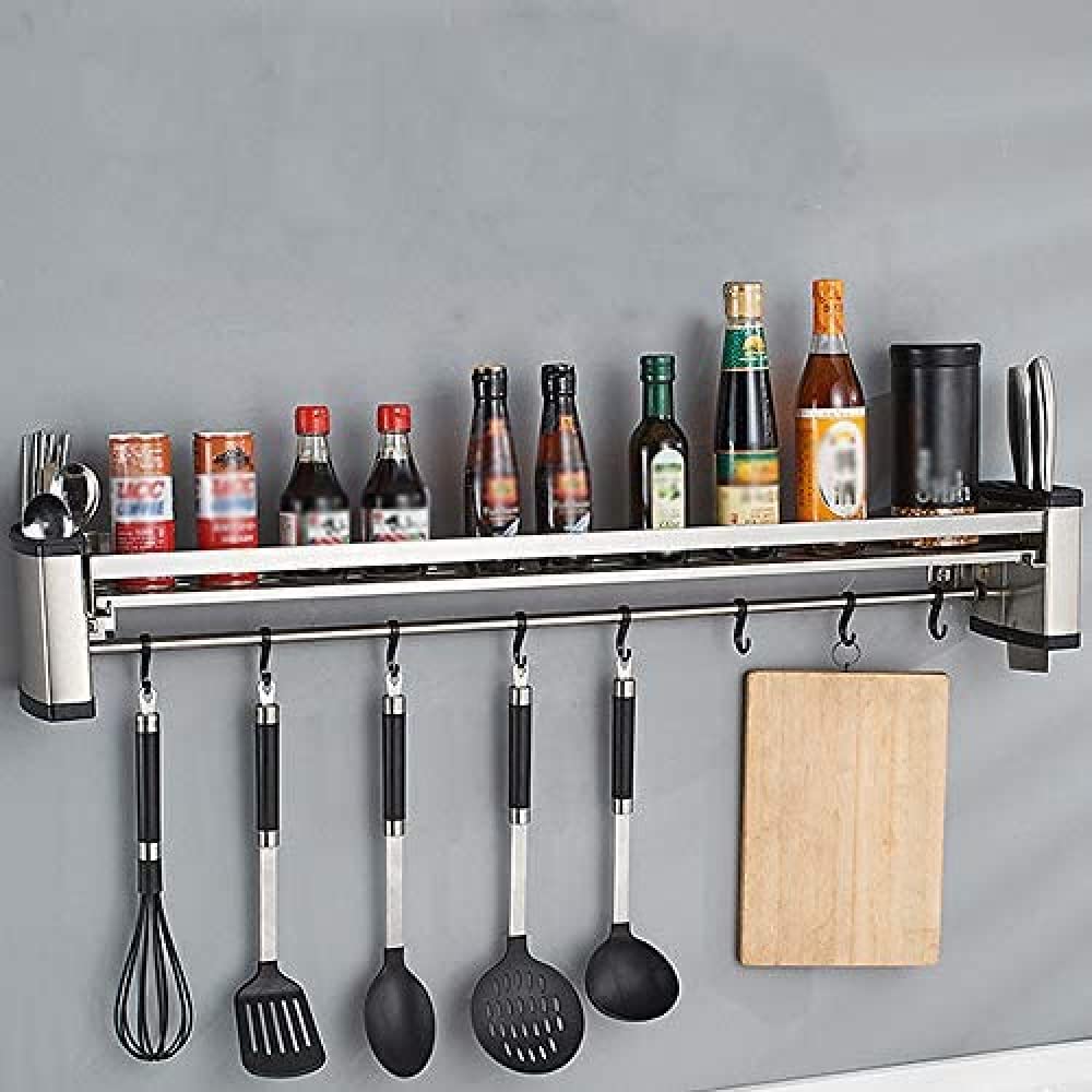 Gewürzregal Wandmontierter Topf Pfannenregal Multifunktionales Küchenregal Lagerregal Edelstahlblöcke Aufhänger Haken Topforganisatoren (2 Hängebox 8 Haken)-L90CM