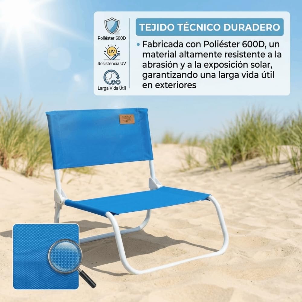 DEVESSPORT Kohala Lot de 2 chaises de plage basses pliables avec structure en acier et tissu polyester 600D haute résistance Bleu 45 x 45 x 45 cm