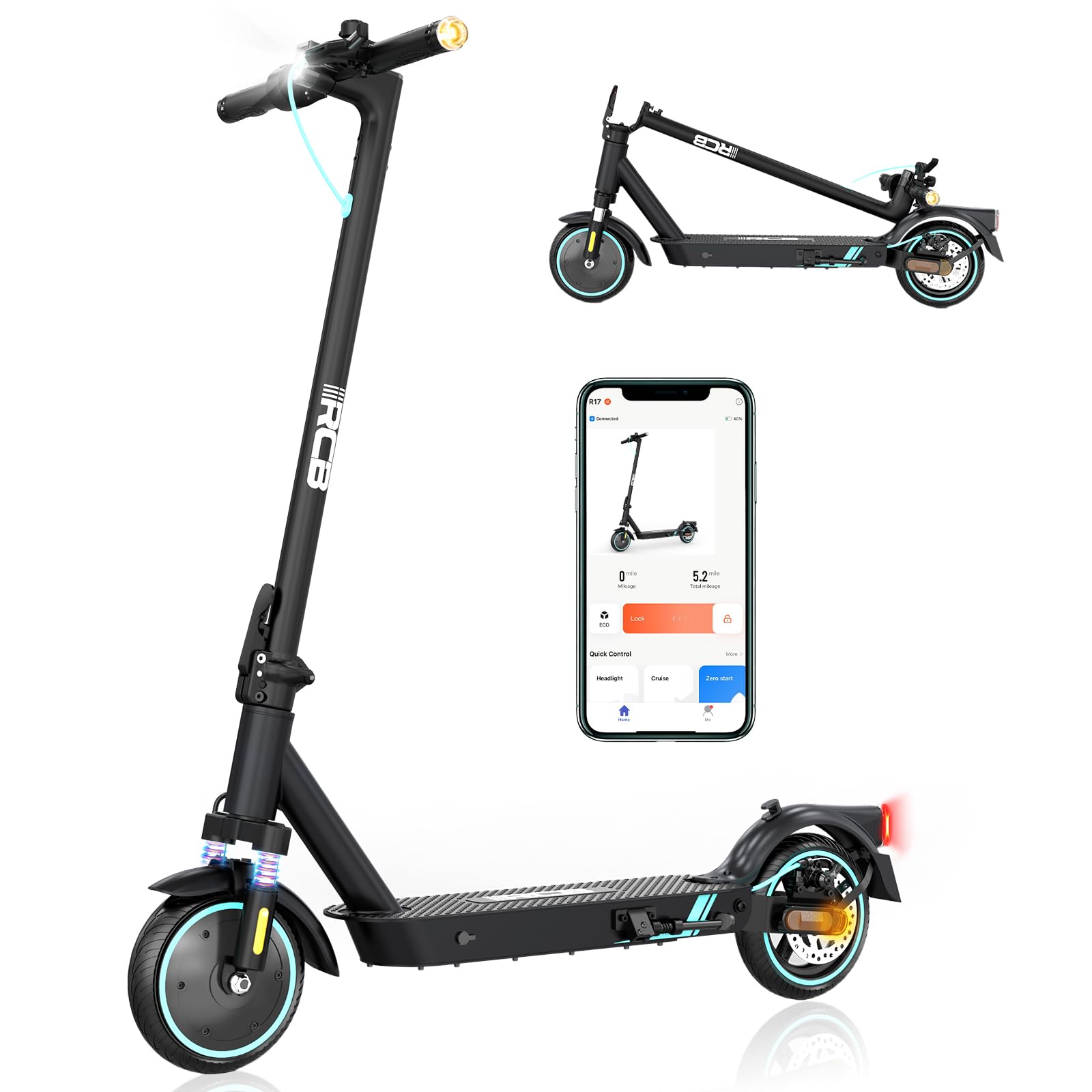 RCB R17 Electric Scooter, Max 25 km/h, 350W Motor, 8.5'' Solid Tires, APP Control, Max Load 120 kg, 3 Speed Modes Foldable Electric Scooter, Double Brake, Double Shock Absorbers