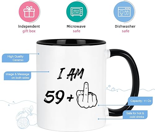 Miniatura 6 de YHRJWN - Regalos de cumpleaños número 60 para hombres y mujeres, taza de café con el dedo medio "I Am 59 Plus para papá, mamá y amigos, ideas de