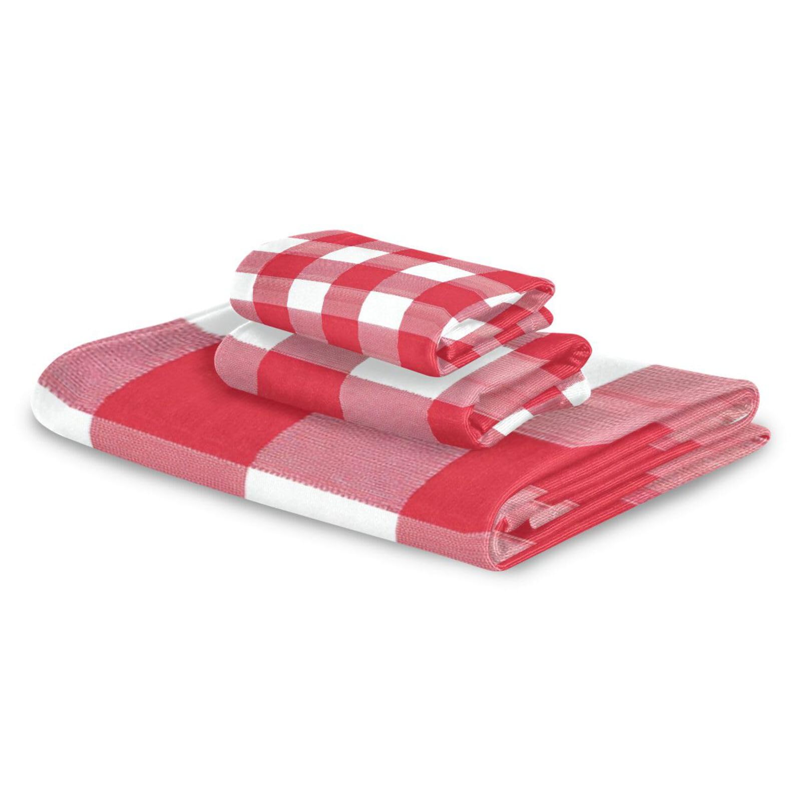 Buffalo Plaid w kratkę czerwone białe miękkie ręczniki do twarzy zestaw 3 sztuk, 1 ręcznik kąpielowy 1 ręcznik do rąk 1 myjka do łazienki kuchni