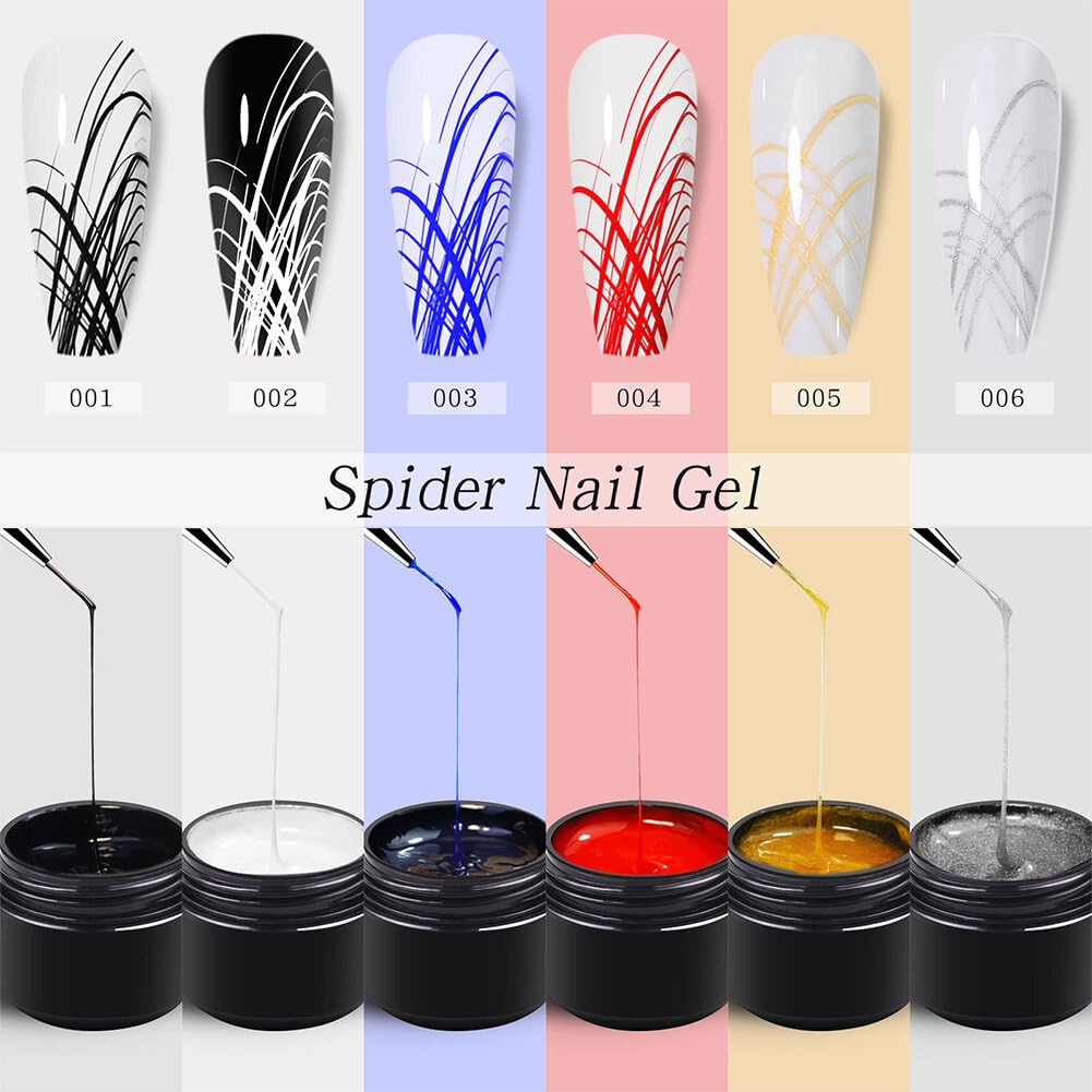 6pcs Colors Spider Gel,Painting Elastic Drawing Spider Gel,Elastic Silk Drawing Nail Gel Long Spider Nail Polish Fake Nails Phototherapy for Women DIY Nail Art Manicure Glue