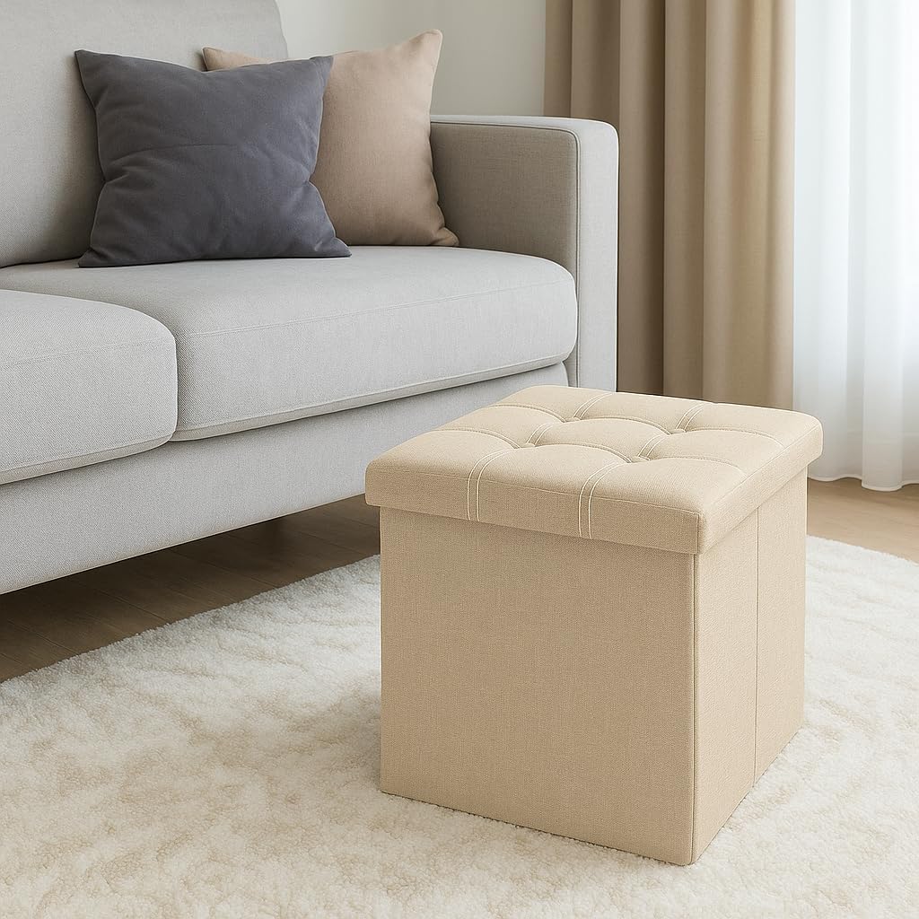 HROY Foldable Storage Ottoman Cube and Toy Box with Cushion Lid – Collapsible Footrest Stool with Hidden Storage Box for Living Room, Playroom, Bedroom & Office (38L x 38W x 38H cm)(Beige, Square)