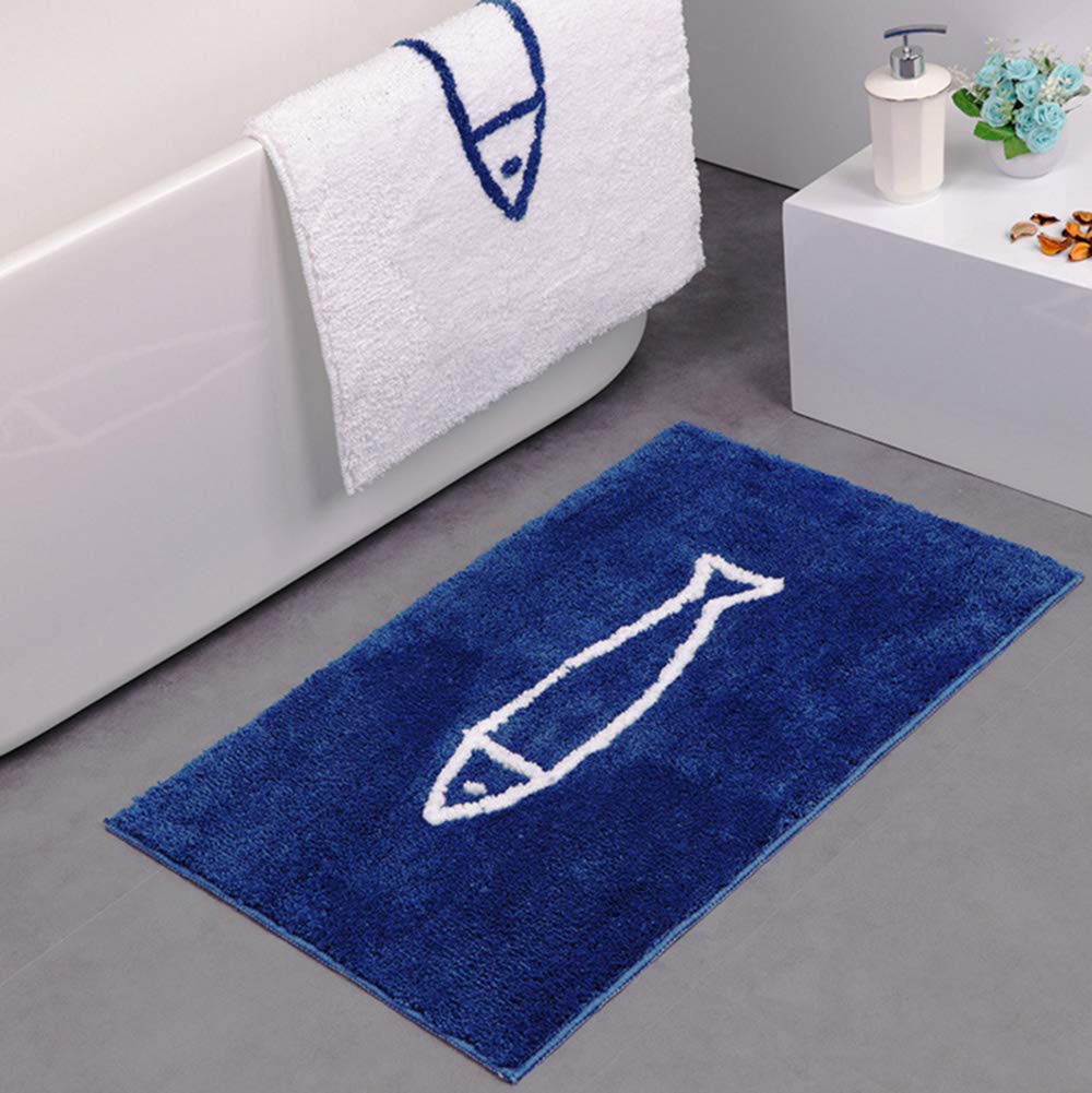 JameStyle26Non-Slip Bath Mat Blue White Fish Design Bathroom Mat Non-Slip Shower Mat Quick Drying Kitchen Mat Bathroom Rug Mat, Polyester, blue, 40 x 60 cm
