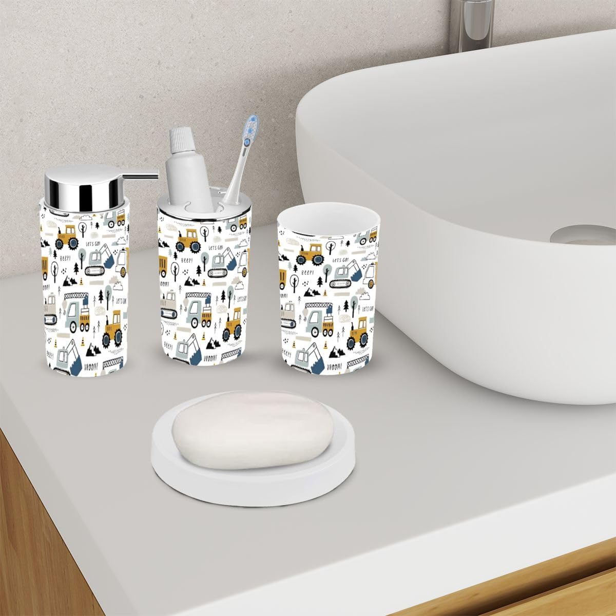 Bathroom Accessory Set 6 Piece Hand Drawn Cute Cars Truck Tractor Cargo Crane Bulldozer Excavator Toothbrush Holder, Toothbrush Cup, Soap Dispenser, Soap Dish, Toilet Brush Holder, Trash can