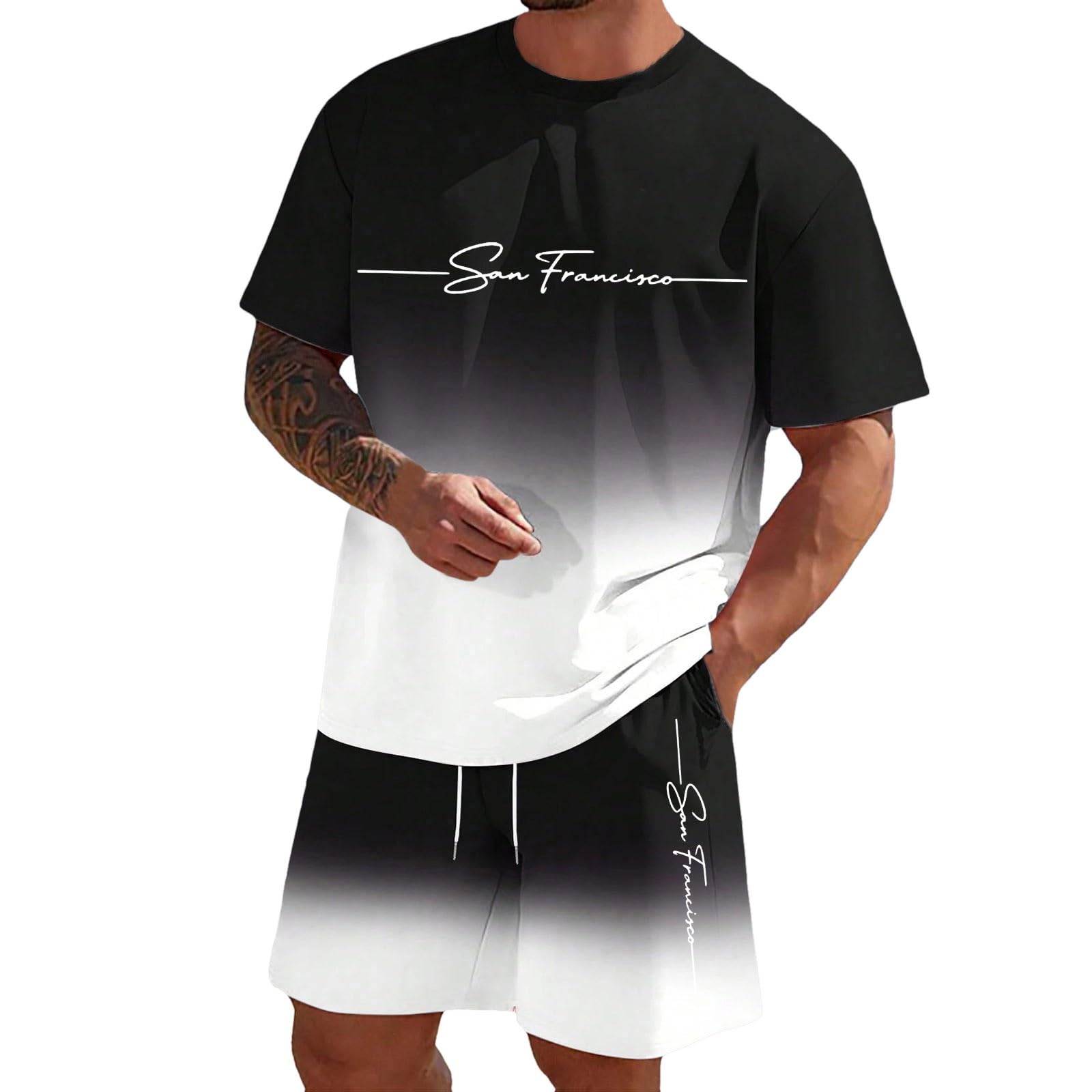 2 Teiler Herren Sommer - Kurzarm Shorts Und Tshirt Set T-Shirt Bequem Sportanzug Tracksuit Mit Taschen Casual Trainingsanzug Aufdruck Teiliges Komfort Freizeit