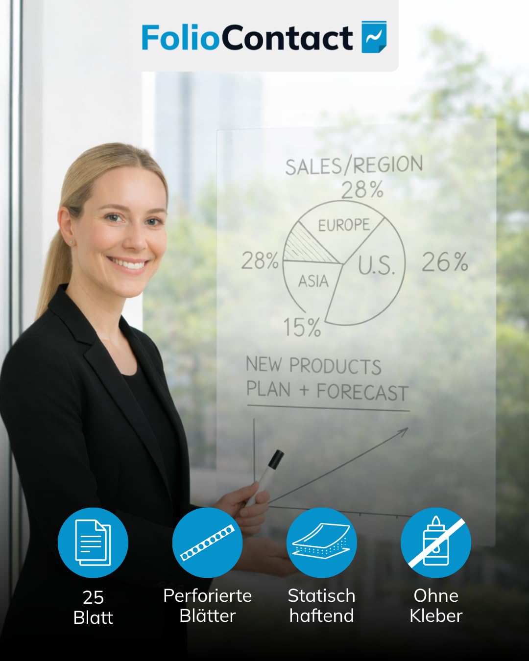 FolioContact Clearboard Folie transparent – statisch haftende Schreibfolie, wiederbeschreibbar & trocken abwischbar – ohne Kleber – 25 Blatt 60 × 80 cm inkl. Boardmarker für Glas, Wand & Büro