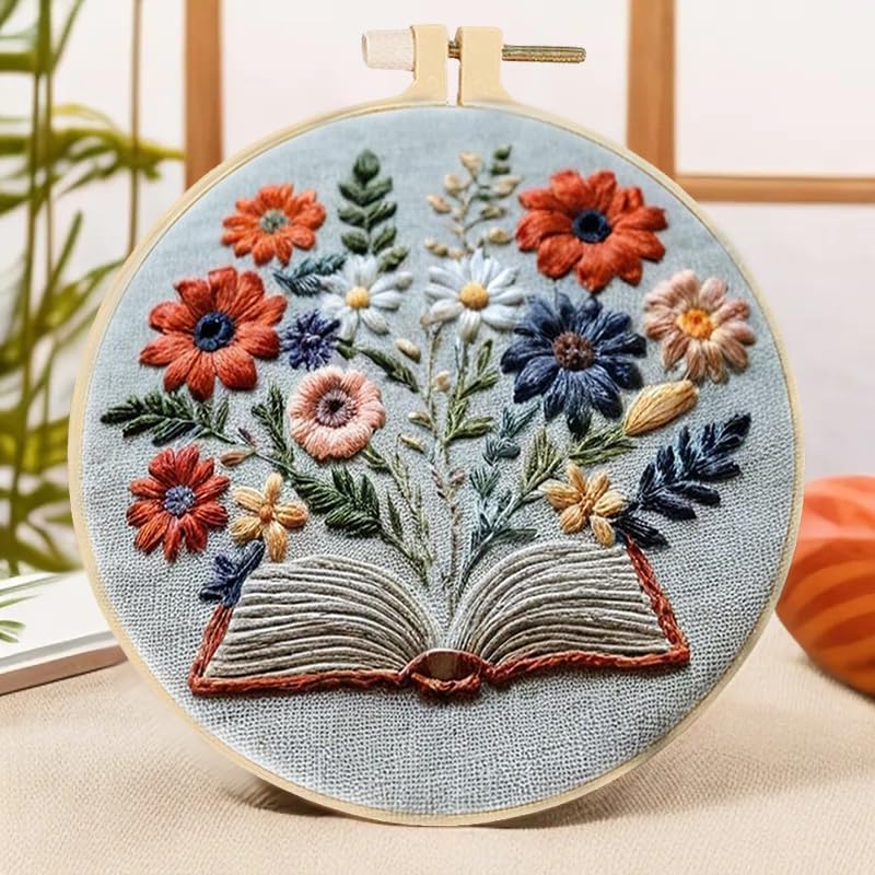 Image of Huacan 1pc Floral Book Embroidery Cross Stitch Kit - Vibrant Floral Design with Open Book & Butterflies, Includes Pattern & English Instructions, Perfect for Wall Decor in Living Room