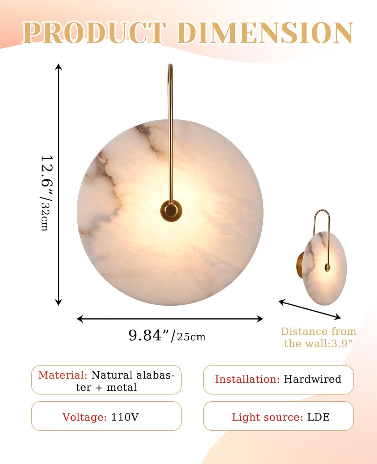 Gold Alabaster Wall Sconce, 9.84 Inch White Round Marble Wall Sconces with Stone Lampshade & Gold Metal Base Hardwired Mid Century Modern Wall Light Fixture for Bedroom Living Room Hallway