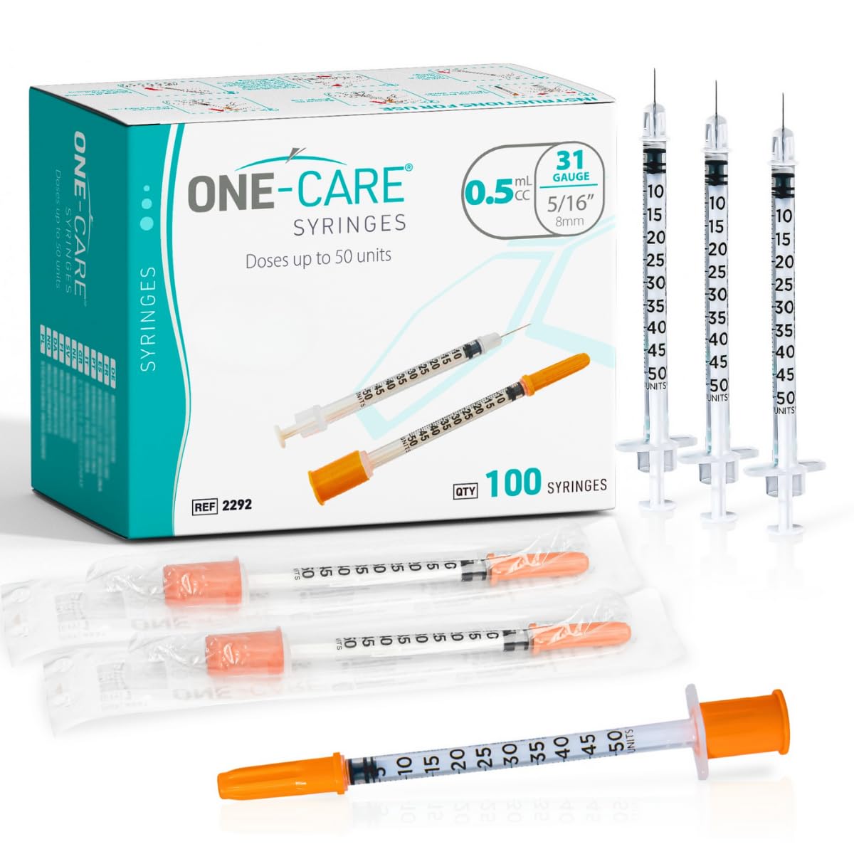 ONE-CARE Syringes 0.5 ml/cc, 31G x 1/4" (6mm), Orange Cap, 100pcs/bx — Amazon image 8
