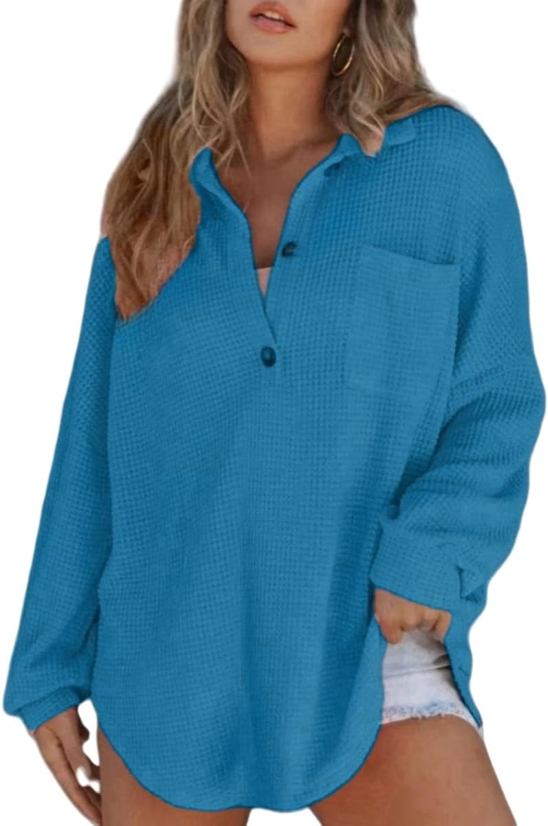 Women’s Waffle Knit Tops Loose Long Sleeve Tops Button Up Henley Shirts V Neck Solid Color Casual Tunic Pullover Tops - Image 3