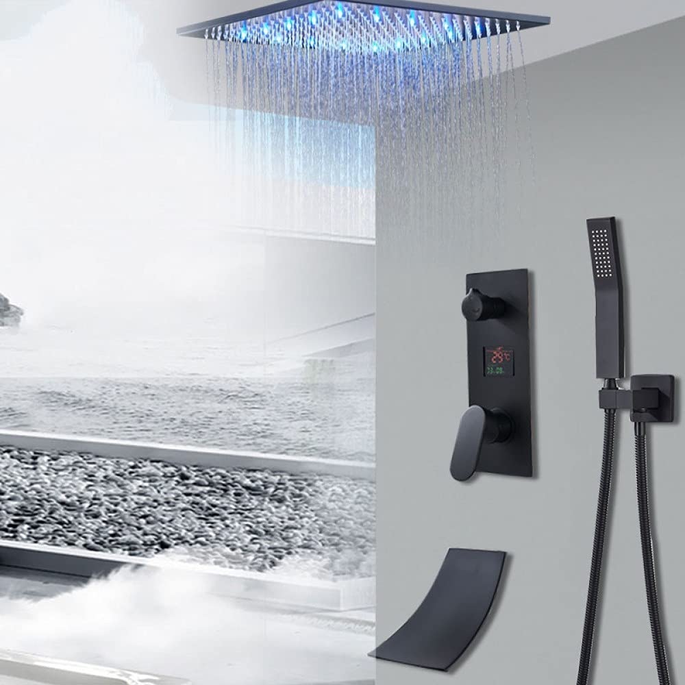 OIFMKC Bath Faucet Black LED Shower Ceiling Mount Display Creen 8/10/12/16 inch Rainfall shower Head Waterfall Spout,3 way 16 inch