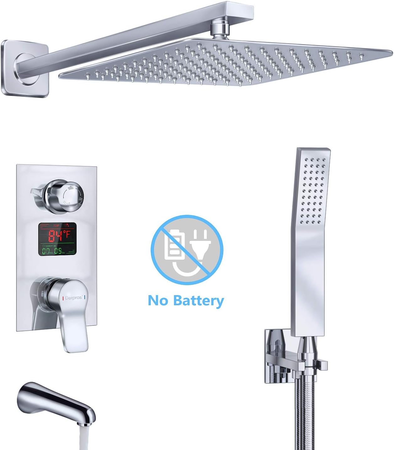 Luxury Shower System with Temperature Display, Bathroom Shower Faucet Set with 10“ Rain Shower Head, Handheld Shower and Tub Spout Faucet, Chrome Finish