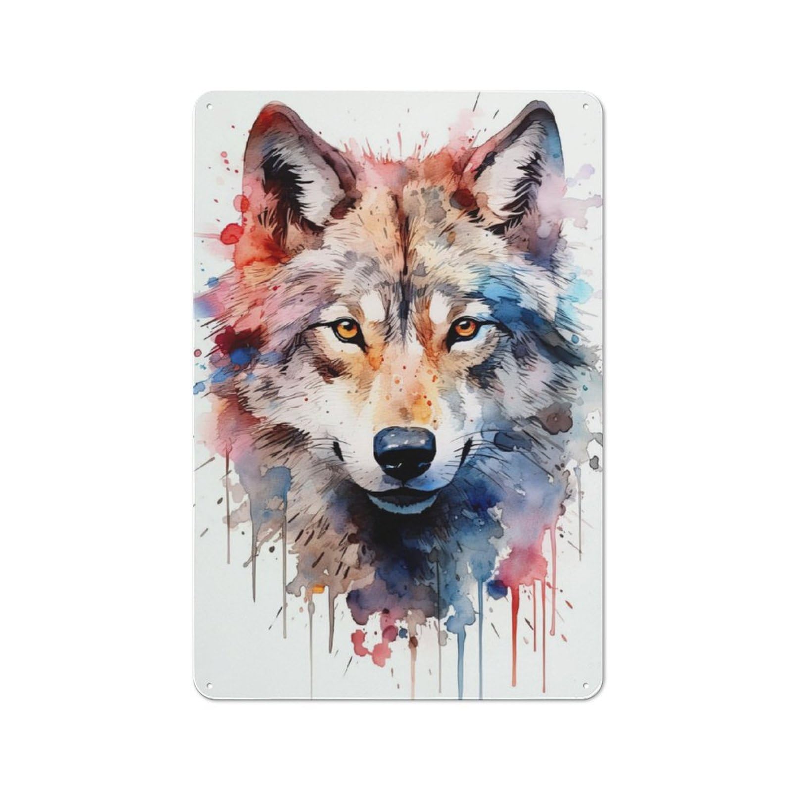 Wolf Watercolor Metal Wall Plaque, Clean Printed Wall Decor for Home Bar, Pub Room Or Drinks Corner, 30x20cm