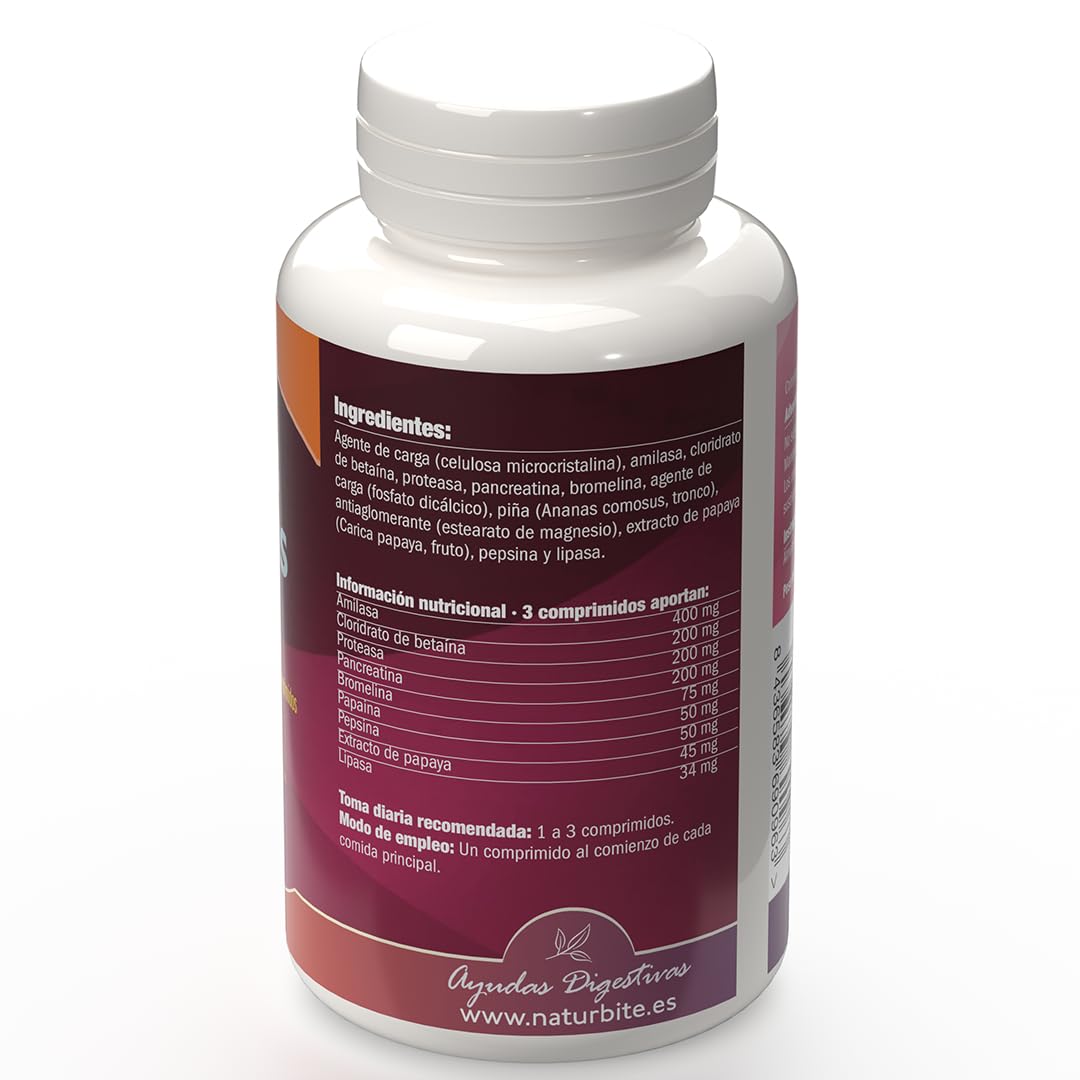 Naturbite Enzimas Digestivas, 250 comprimidos, Naturbite. Mejora del proceso digestivo facilitando la descomposición y absorción de los nutrientes de los alimentos