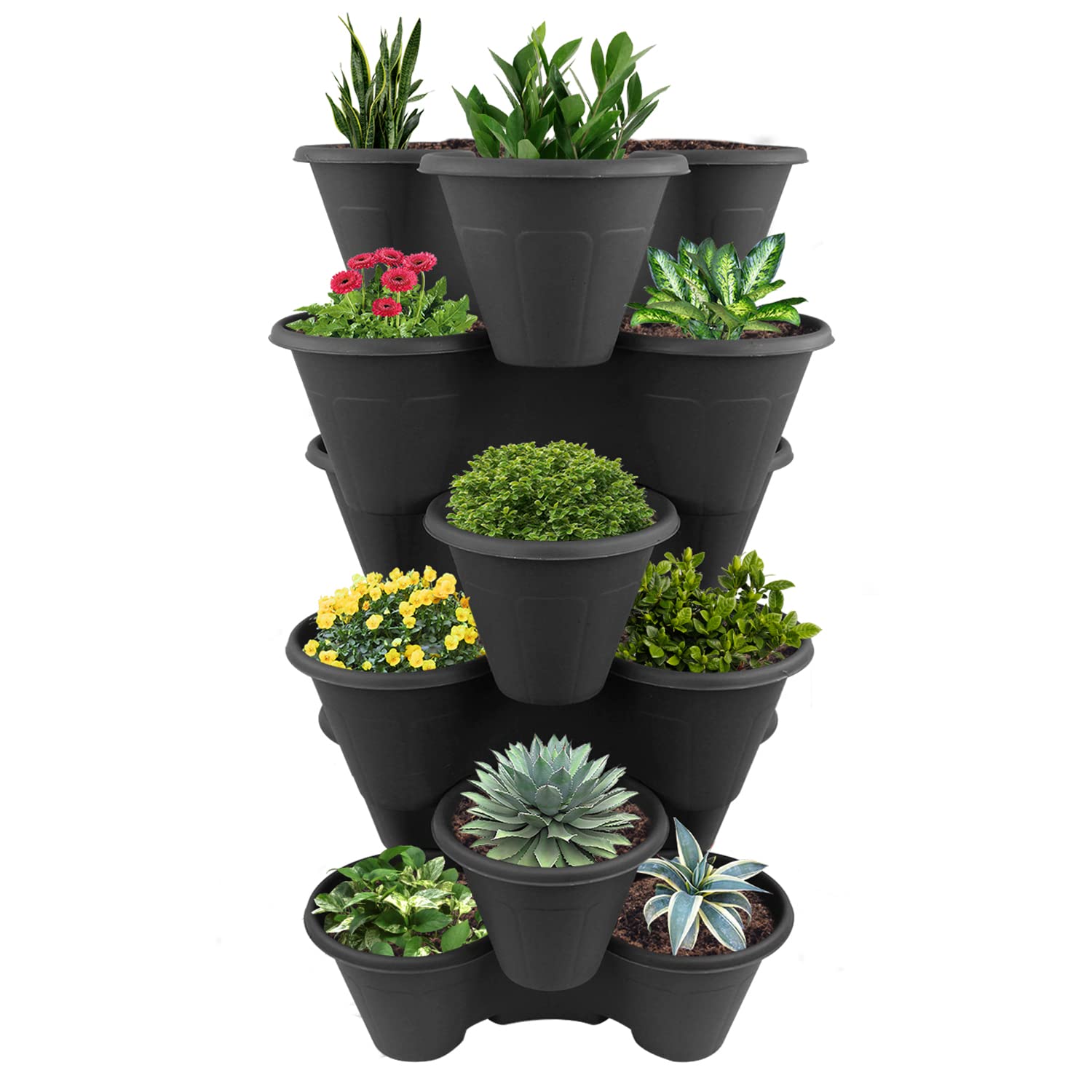Stackable Strawberry Planter – Tiered Vertical Garden Pots for Herbs, Flowers & Vegetables – Space-Saving Planter for Patio, Balcony & Garden – Indoor & Outdoor | Black, 6-Tier