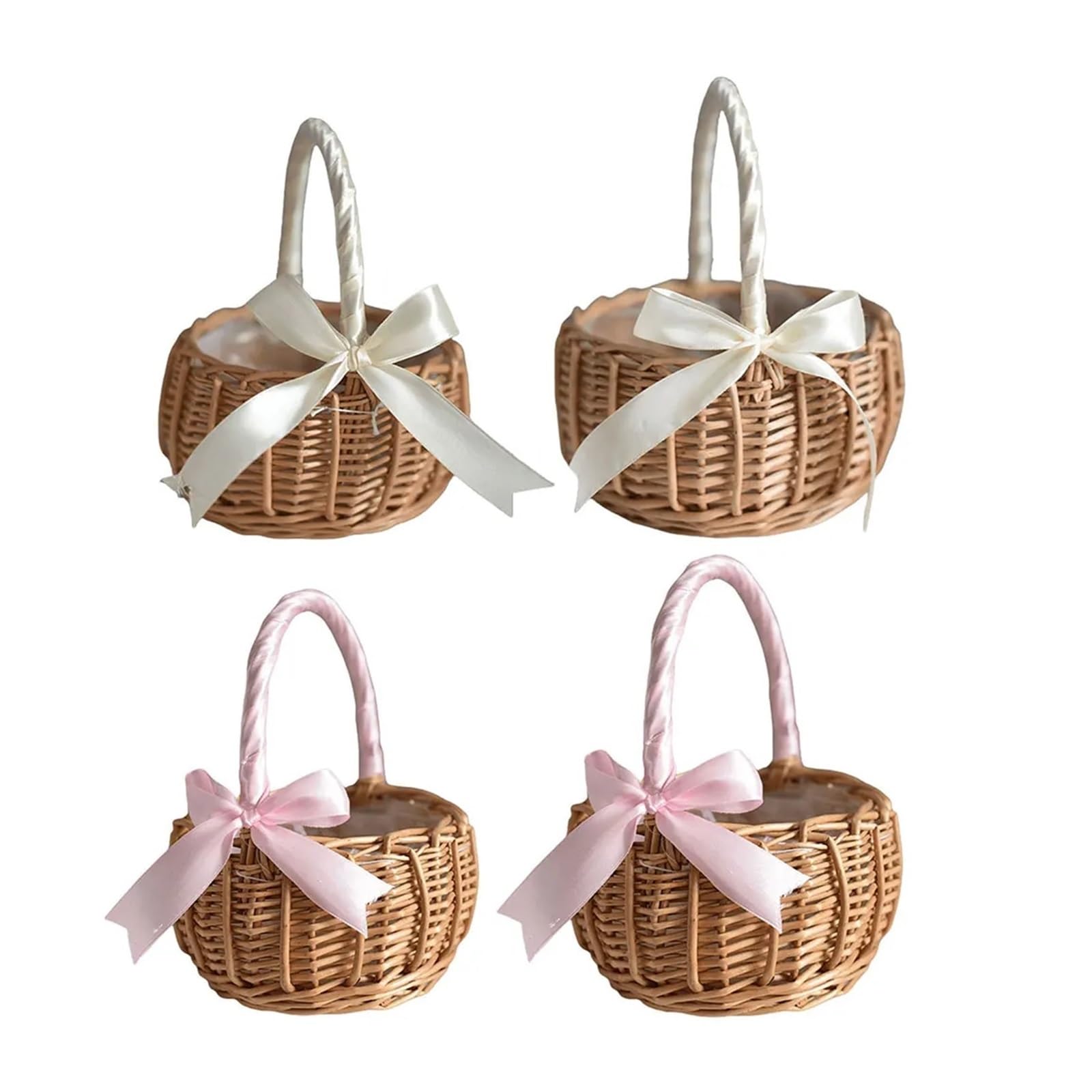Blumenkörbe, gewebter Aufbewahrungskorb mit Griff, Hochzeitsblumenkörbe, Weiden-Rattan-Blumenkorb for Zuhause, Hochzeitsdekor, Hochzeitsblumenmädchenkörbe (Pink)(White)